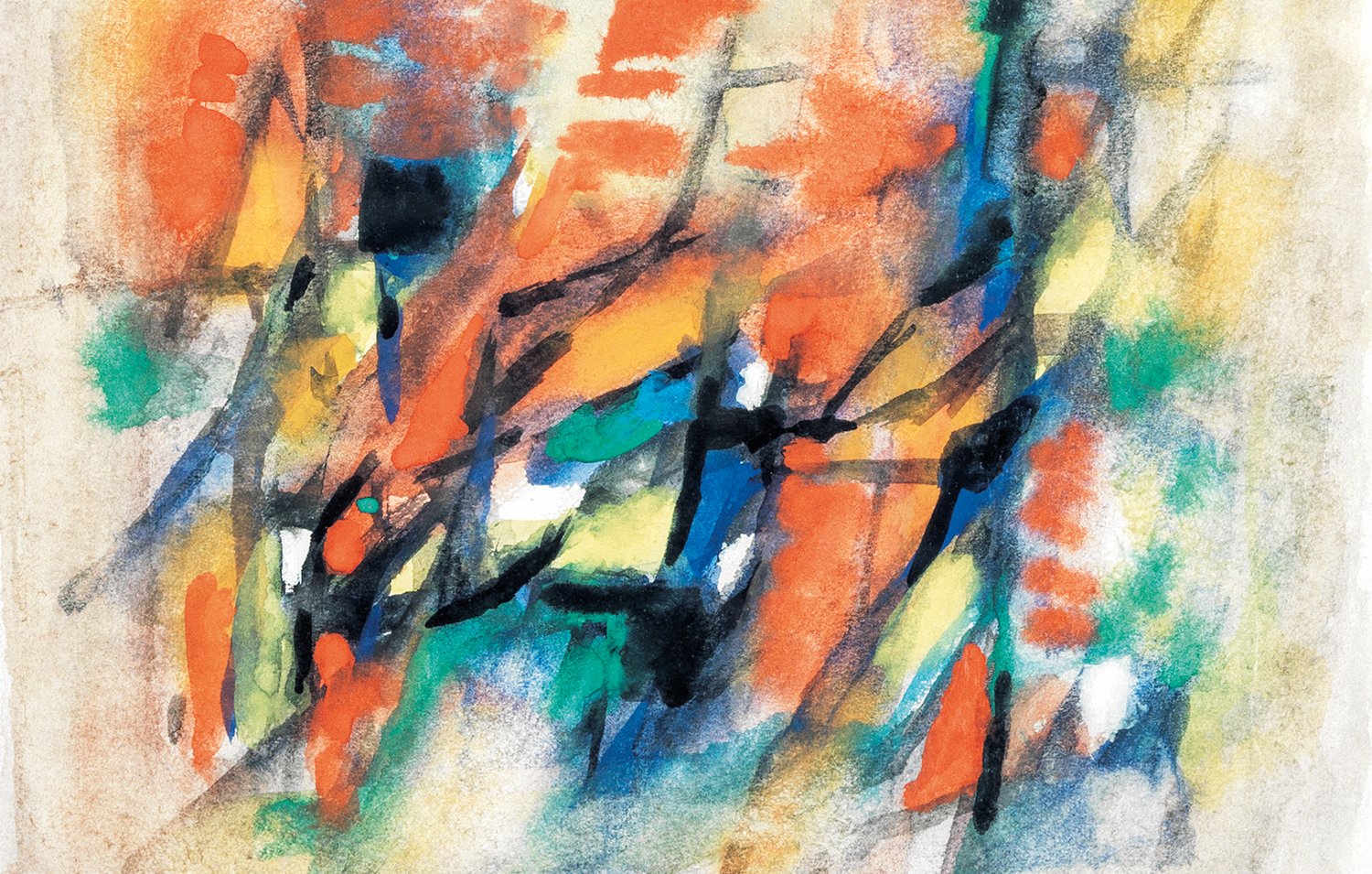 Cette image présente une œuvre abstraite composée de formes dynamiques et de couleurs vives. On y voit des touches de rouge, d'orange, de bleu et de vert, qui s'entrelacent et créent une impression d'énergie et de mouvement. Les lignes semblent se croiser et se superposer, ajoutant de la profondeur à la composition. L'ensemble évoque une certaine émotion et une atmosphère vibrante. L'utilisation de l'aquarelle permet de créer des transitions douces entre les couleurs.