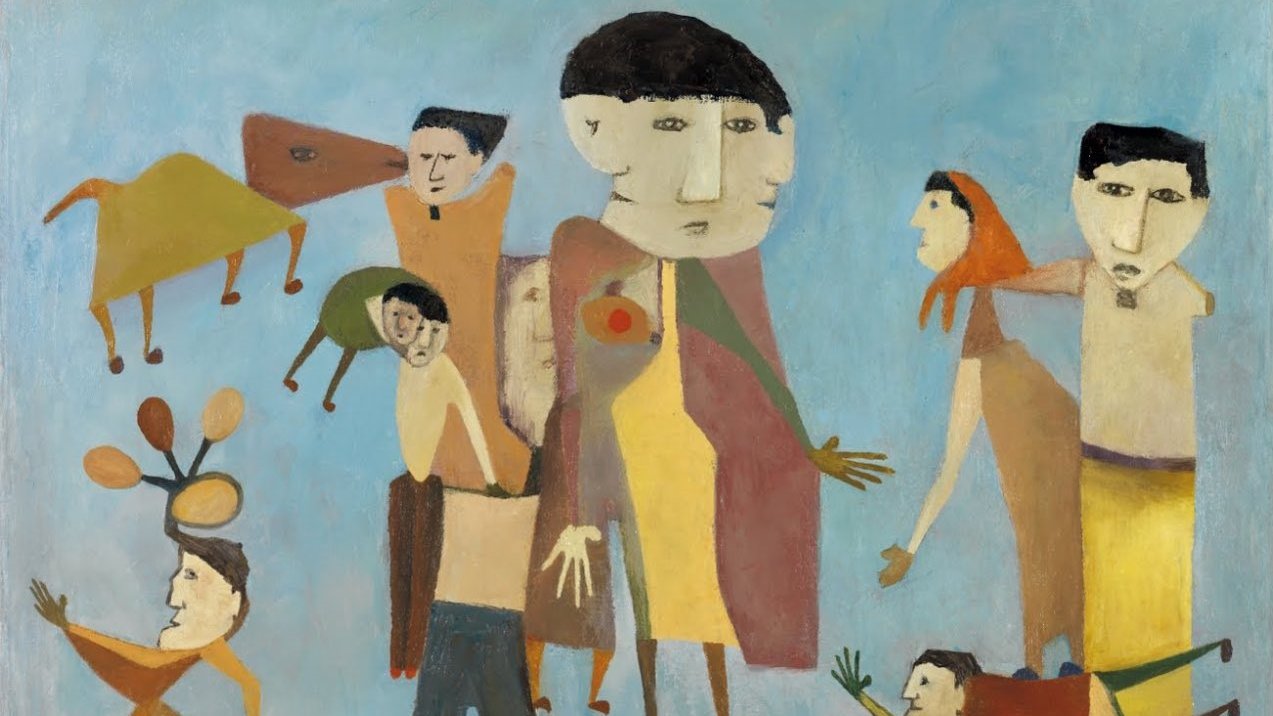 L'image représente une scène stylisée avec plusieurs figures humaines et un animal. Les personnages ont des formes géométriques et des traits exagérés, donnant à l'ensemble un aspect naïf et expressif. Ils semblent interagir les uns avec les autres dans un fond de couleur bleu clair. On remarque une diversité dans leurs postures et leurs expressions, tandis qu'un animal, ressemblant à un chien, se déplace dans la composition. L'œuvre, datée de 1962 et signée par un artiste, évoque une ambiance à la fois ludique et contemplative.