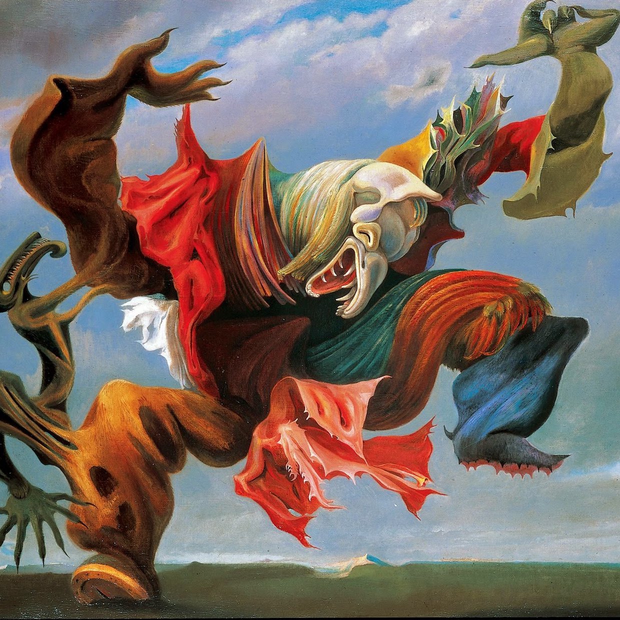 The image depicts a surreal, dynamic figure in an exaggerated pose, characterized by vibrant colors and fluid forms. The figure seems to be wearing tattered clothing, with drapes flowing around it in a dramatic manner. Its face exhibits a range of expressive features, hinting at emotions like anger or desperation. The background is a blend of muted blues and greens, providing a stark contrast to the intense colors of the figure. Strange, abstract shapes and forms surround the central figure, enhancing the surreal atmosphere of the artwork. Overall, it conveys a sense of movement, transformation, and emotional intensity.