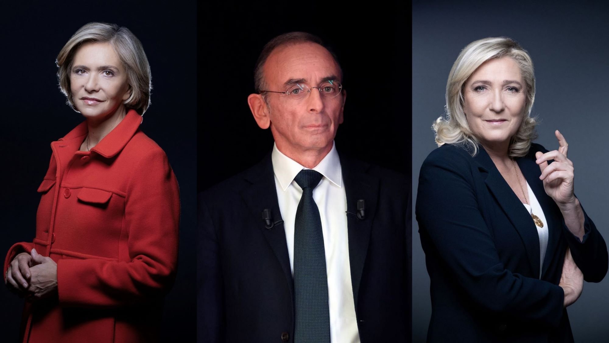 L'image présente trois personnes debout, chacune sur un fond sombre. À gauche, une femme avec des cheveux blonds et une coupe élégante, vêtue d'un manteau rouge, affiche une expression sérieuse. Au centre, un homme aux cheveux courts et lunettes, portant un costume noir et une cravate, semble contemplatif. À droite, une autre femme avec des cheveux blonds, coiffée de manière soignée et habillée en noir, pose avec confiance en pointant légèrement son doigt. L'ensemble dégage une ambiance professionnelle et déterminée.
