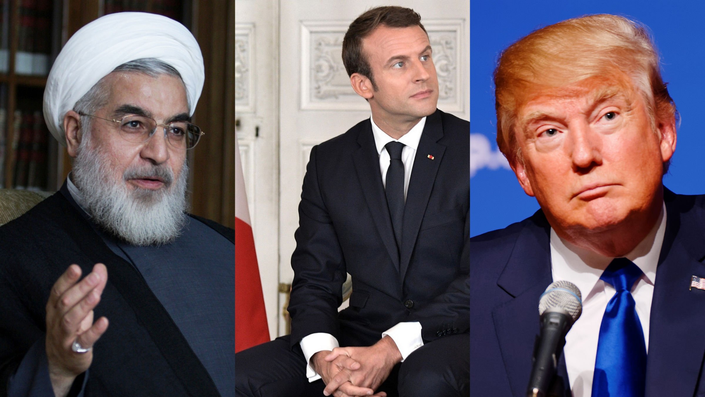 این تصویر شامل سه نفر است که به ترتیب از چپ به راست به نمایش گذاشته شده‌اند. شخص اول، کسی با ریش و عمامه سفید است که به نظر می‌رسد یک شخصیت مذهبی و سیاسی باشد. شخص دوم، جوان‌تر به نظر می‌رسد و به عنوان یک مرد با موهای کوتاه و لباس رسمی در حال نشستن تصویر شده است. شخص سوم، مردی با موهای روشن و حالت چهره‌ای جدی دارد و در حال نگاه کردن به دوربین است. هر سه نفر به نوعی نمایندگان کشورهای خود هستند و تصویر به یک موضوع سیاسی اشاره دارد.