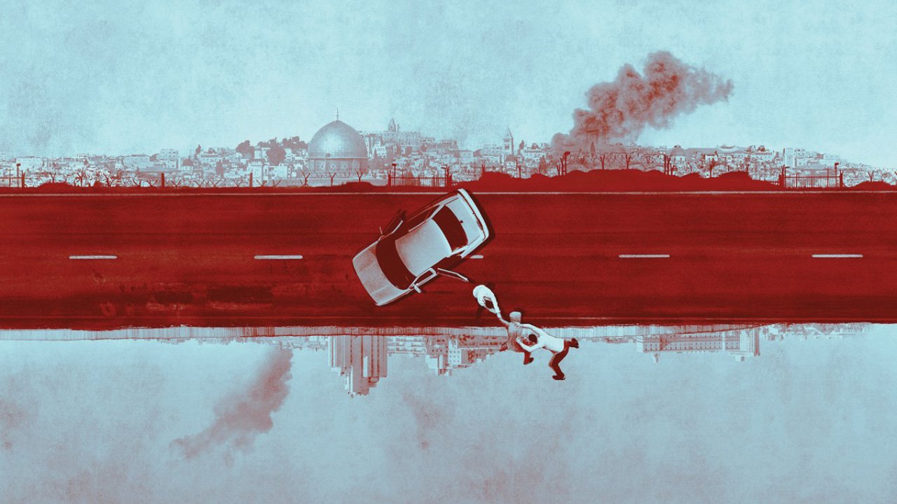 The image features a dramatic and artistic representation of a road scene. A car appears to be in motion, positioned on a stark red highway that contrasts against a blue-toned urban landscape in the background. The scenery shows a city skyline with notable buildings, including domes and towers, along with hints of industrial elements such as smoke in the distance. In the foreground, there are two figures, one of whom seems to be running or being pulled, which adds a sense of urgency or action to the scene. Overall, the image combines elements of tension and surrealism, utilizing a bold color palette to convey its message.