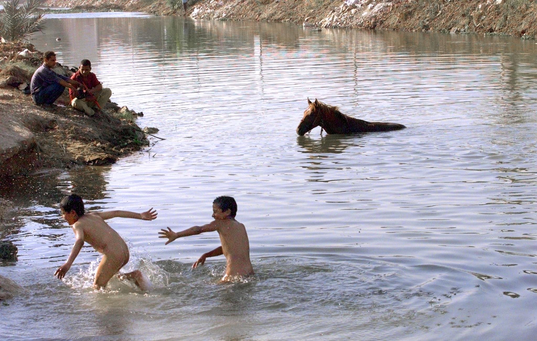 L'immagine mostra un fiume con due ragazzi che stanno giocando nell'acqua, apparentemente divertendosi a spruzzarsi. In lontananza, un cavallo si trova parzialmente immerso nell'acqua. Sulla riva, si notano anche alcune persone che osservano la scena. Gli elementi naturali e l'atmosfera sembrano suggerire un momento di spensieratezza e libertà durante una giornata calda.