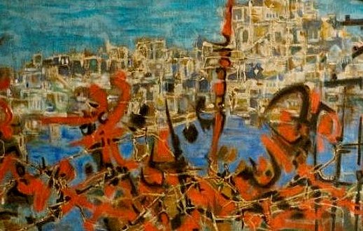 L'image semble être une peinture abstraite avec un mélange de couleurs vives, notamment des rouges, des noirs et des bleus. On peut distinguer des formes dynamiques et des coups de pinceau qui créent un effet mouvementé. À l'arrière-plan, on aperçoit une représentation d'un paysage urbain, probablement une ville, évoquée par des structures que l'on devine à travers les touches de couleur. L'ensemble dégage une ambiance énergique et expressive.