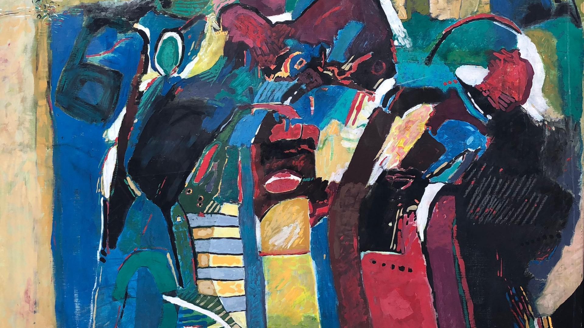 L'image représente une œuvre d'art abstraite, caractérisée par des formes stylisées et des couleurs vives. Les personnages sont suggérés par des silhouettes et des traits expressifs, avec des dominantes de bleu, rouge, jaune et vert. L'arrière-plan est d'un ton plus clair, ajoutant une dimension contrastante aux figures. Les éléments graphiques semblent interagir de manière dynamique, créant une atmosphère à la fois énergique et contemplative. L'ensemble évoque des thèmes de mouvement et d'émotion, typiques de l'art moderne.