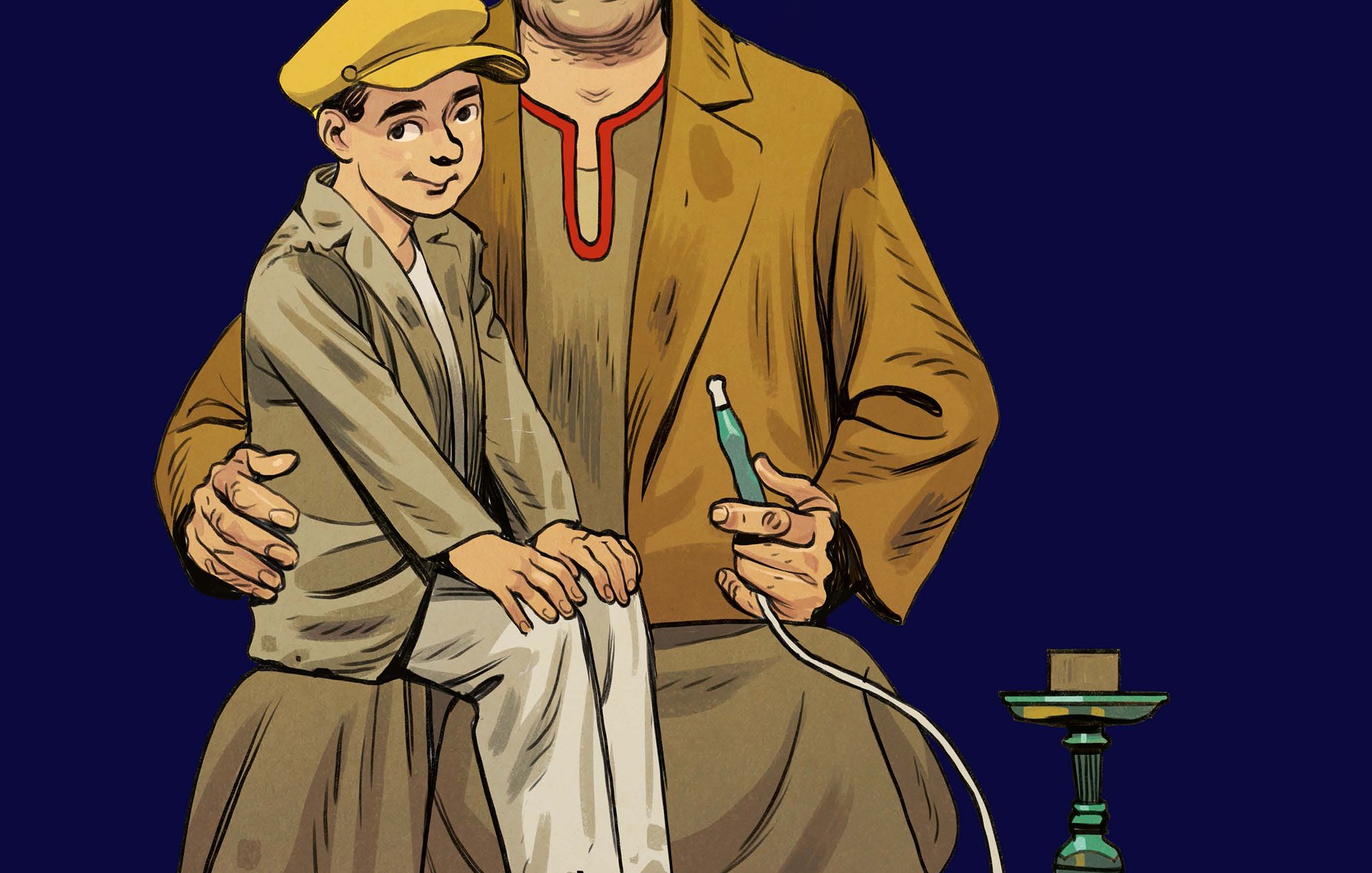 در این تصویر، مردی با کلاهی قرمز (فز) و لباس سنتی نشسته است. او در آغوشش پسری را دارد که لباس ساده‌تری به تن دارد و با ظاهری معصوم به نظر می‌رسد. مرد در حال سرو کردن قلیانی است که در کنار آنها قرار دارد. پس‌زمینه تصویر به رنگ سرمه‌ای است که توجه بیننده را به شخصیت‌ها جلب می‌کند. این تصویر به نوعی فرهنگ سنتی و اجتماعی را به نمایش می‌گذارد.