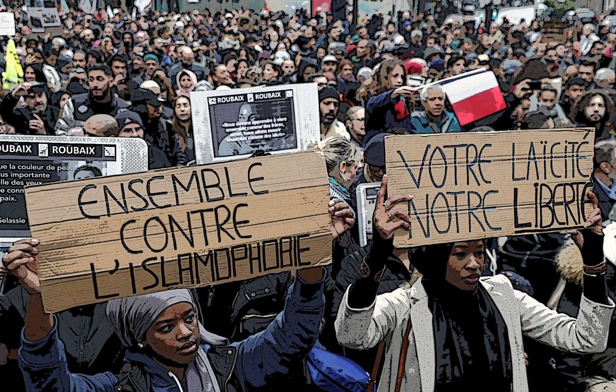 The image depicts a large crowd of protesters gathered for a demonstration. Many individuals are holding signs, two of which are prominently displayed. One sign reads "ENSEMBLE CONTRE L'ISLAMOPHONIE," which translates to "Together Against Islamophobia," while the other states "VOTRE LAICITE, VOTRE LIBERTE," meaning "Your Secularism, Your Freedom." The atmosphere appears to be a mix of solidarity and advocacy, as participants unite for a common cause. The background suggests a diverse group of people showing their support for the movement.