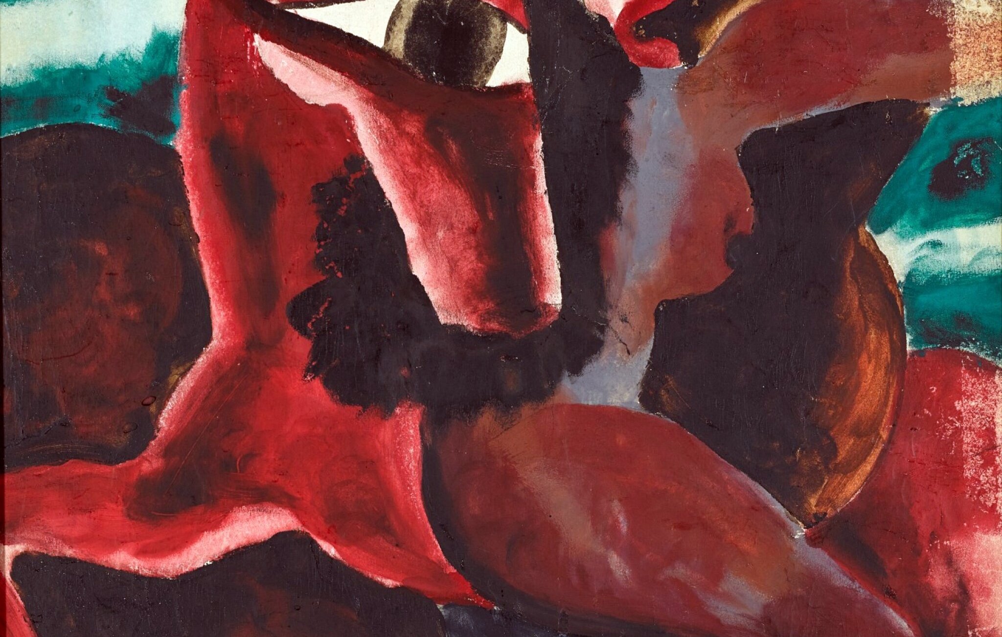 L'image présente une œuvre d'art abstraite avec des formes humaines stylisées. Des figures aux couleurs vives, comme le rouge et le noir, se détachent sur un fond composé de tons variés. On peut observer des éléments géométriques et des traits expressifs qui semblent exprimer des émotions intenses. Les formes sont plutôt austères, et l'œuvre dégage une atmosphère dynamique et captivante. L'utilisation contrastée des couleurs suggère un mouvement et une profondeur, incitant le spectateur à interpréter le message derrière cette abstraction.