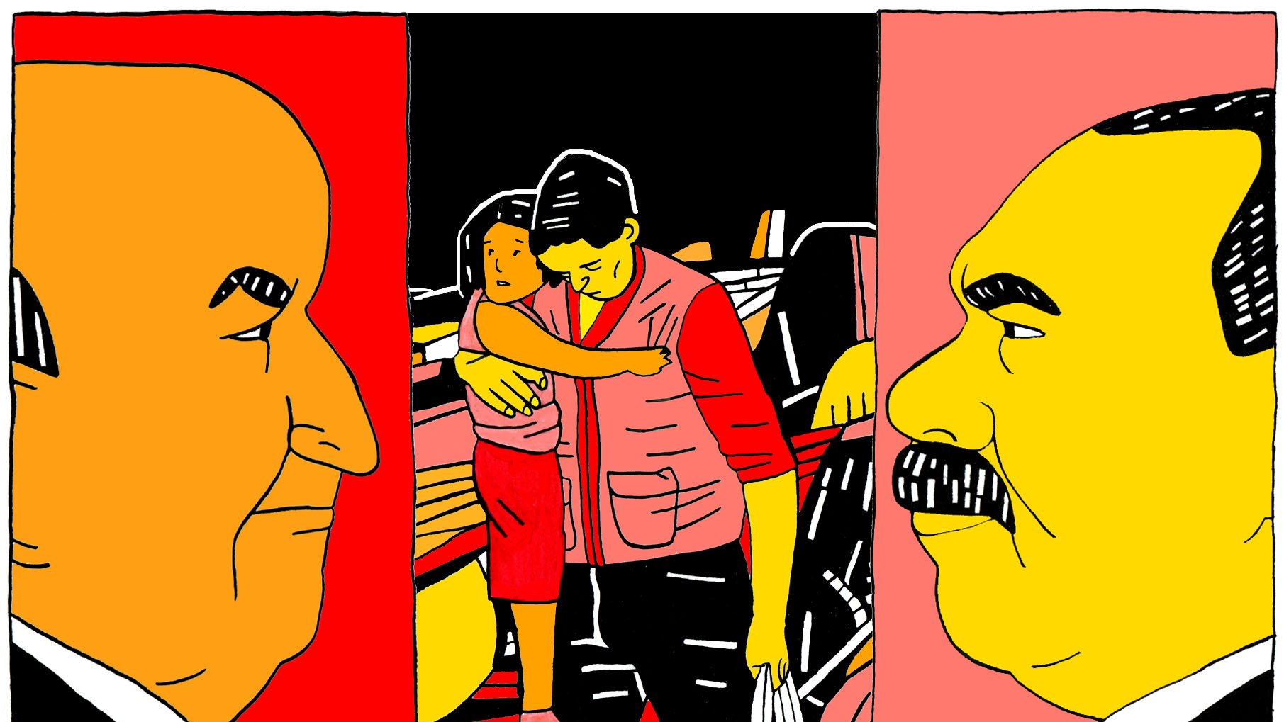 L'image présente une composition en trois parties. Sur le côté gauche, il y a un visage en gros plan, stylisé, qui pourrait symboliser une figure importante ou un leader. La partie centrale montre une scène émotive où un homme porte une enfant dans ses bras, soulignant un moment de tendresse ou de protection. À droite, un autre visage est également stylisé, avec des traits marqués, semblant exprimer une certaine gravité. L'ensemble de l'image utilise des couleurs vives et un style graphique simplifié.