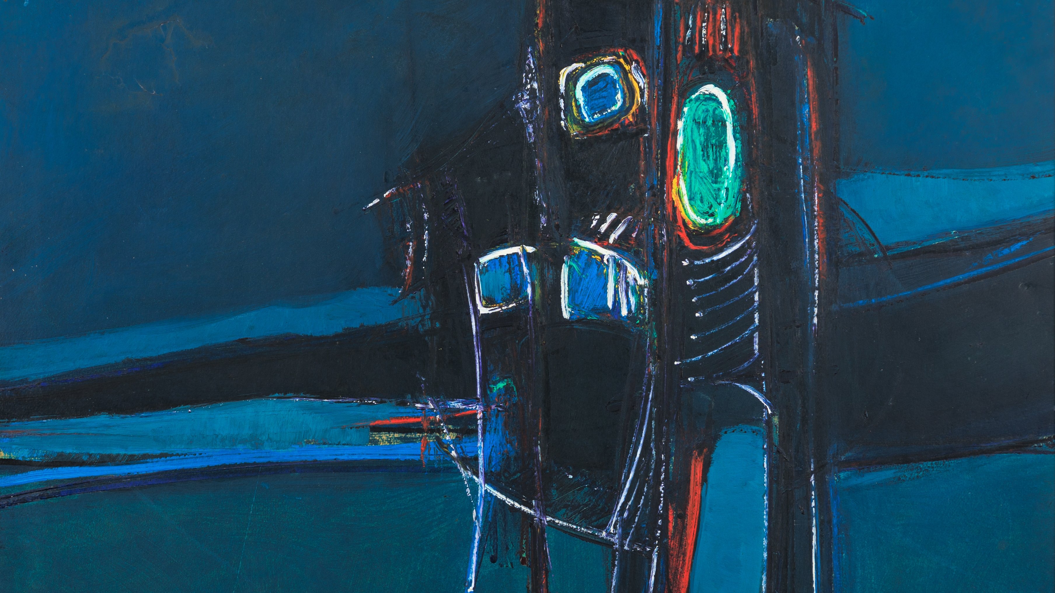 L'image représente une œuvre abstraite avec des formes géométriques et des couleurs vives sur un fond sombre. On peut y voir des lignes et des traits qui se démarquent dans des teintes de bleu, noir, et des accents de couleurs vives comme le rouge et le vert. La composition semble suggérer une figure ou un visage stylisé, mais l'ensemble reste largement interprétatif, laissant place à l'imagination. Les contrastes de couleurs et les formes dynamiques créent une atmosphère intrigante et expressive.