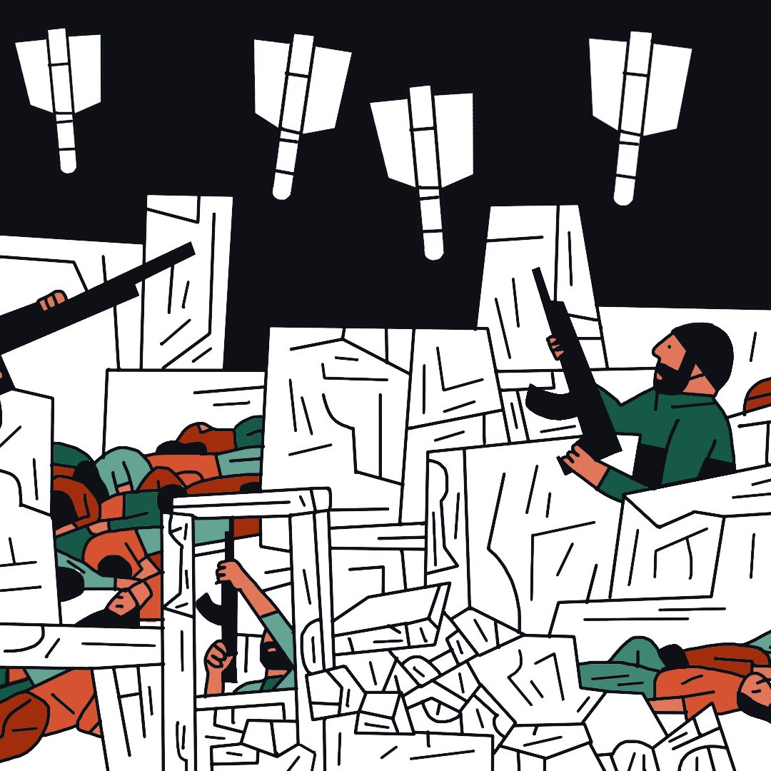 L'immagine rappresenta una scena di conflitto, con diversi soldati in armati e attivi in un ambiente caotico. Ci sono rovine e detriti intorno a loro, e alcune figure sembrano in difficoltà. I soldati sono intenti a combattere, mentre sopra di loro si possono vedere sagome di missili o proiettili in volo. La palette di colori è principalmente composta da toni scuri con accenti di verde e marrone. L'atmosfera è intensa e drammatica, suggerendo una situazione di guerra.