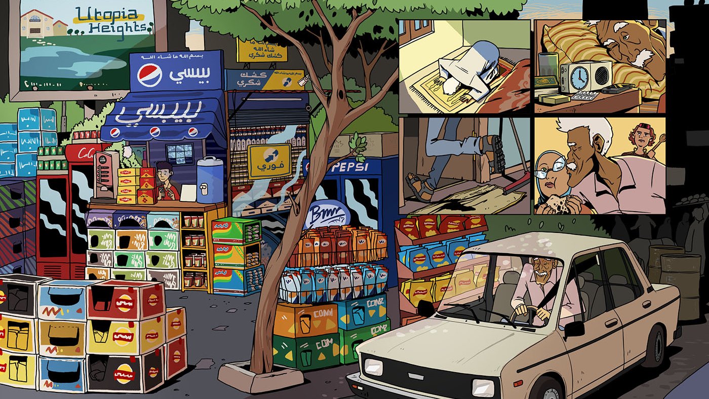 L'immagine mostra una vivace scena di un mercato urbano. Ci sono diversi chioschi e negozi che vendono bevande e snack, con marchi famosi ben visibili. Un'auto parcheggiata in primo piano suggerisce un'atmosfera di vita quotidiana. Nel riquadro in alto a destra, si vedono alcune vignette che raccontano una storia, con personaggi che interagiscono, suggerendo un momento di convivialità o di discussione. L'ambiente è animato, con elementi che evocano una cultura locale vibrante e dinamica.