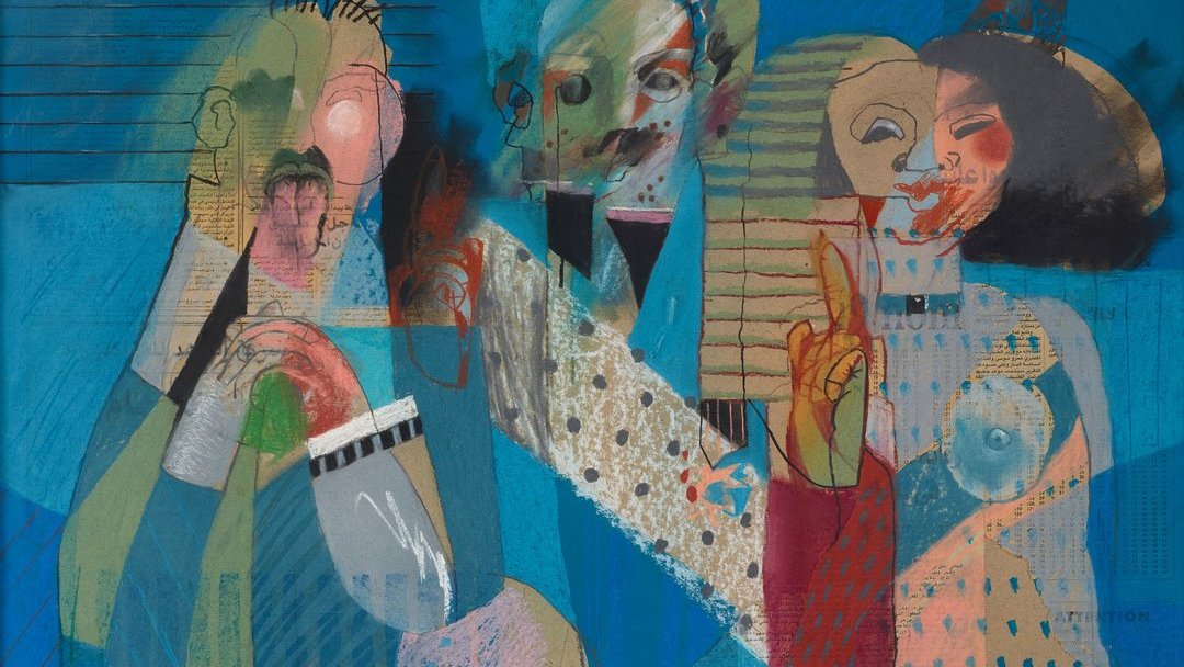 L'image représente une composition abstraite de figures humaines stylisées, avec des formes géométriques et des couleurs vives, principalement des bleus. Les personnages semblent interagir, certains ayant des gestes expressifs, le tout dans un style moderne et artistique.