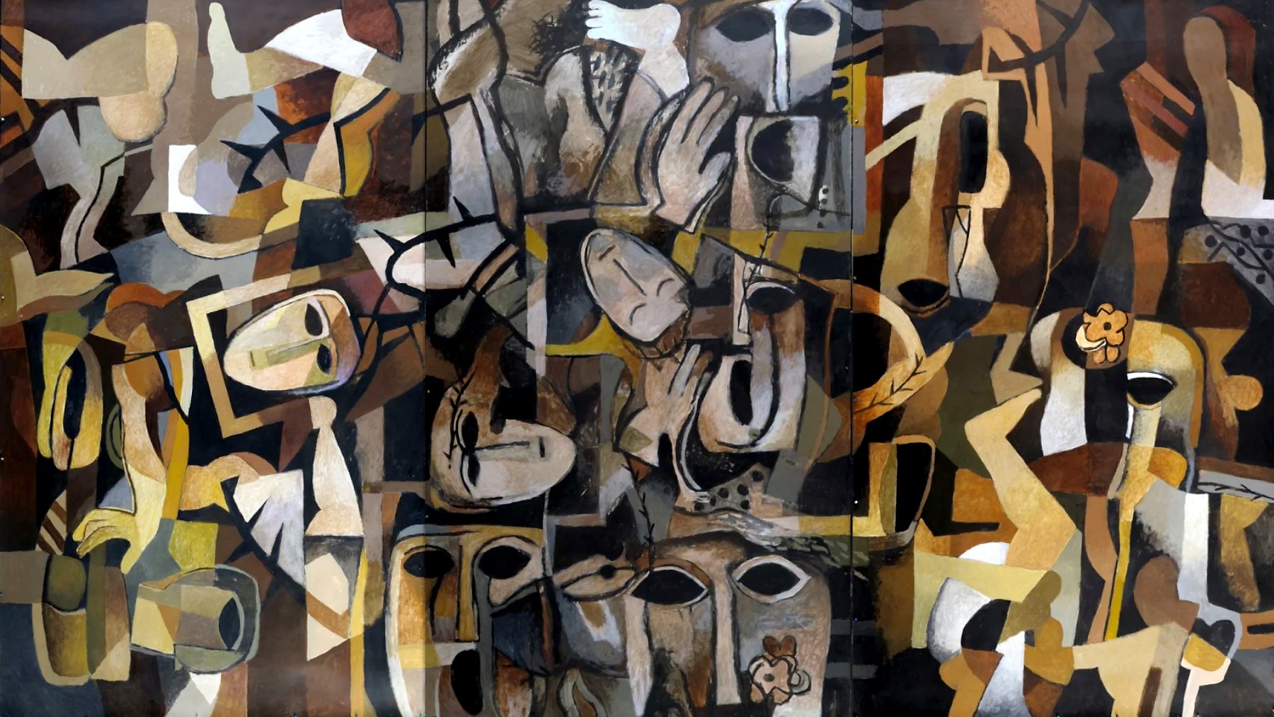 Peinture abstraite aux formes humaines et géométriques, dominée par des tons bruns et beiges.