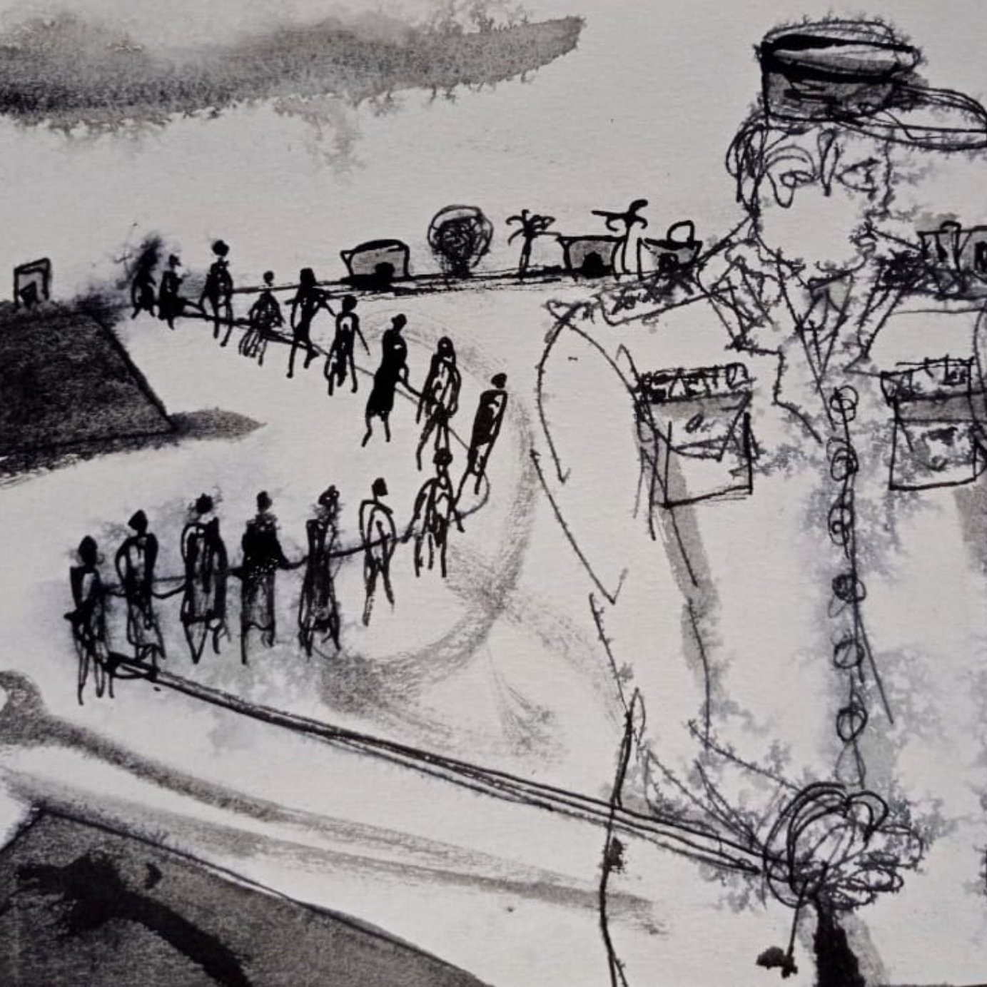 Un homme en uniforme se tient devant une foule en ombres, sur un fond mélancolique.