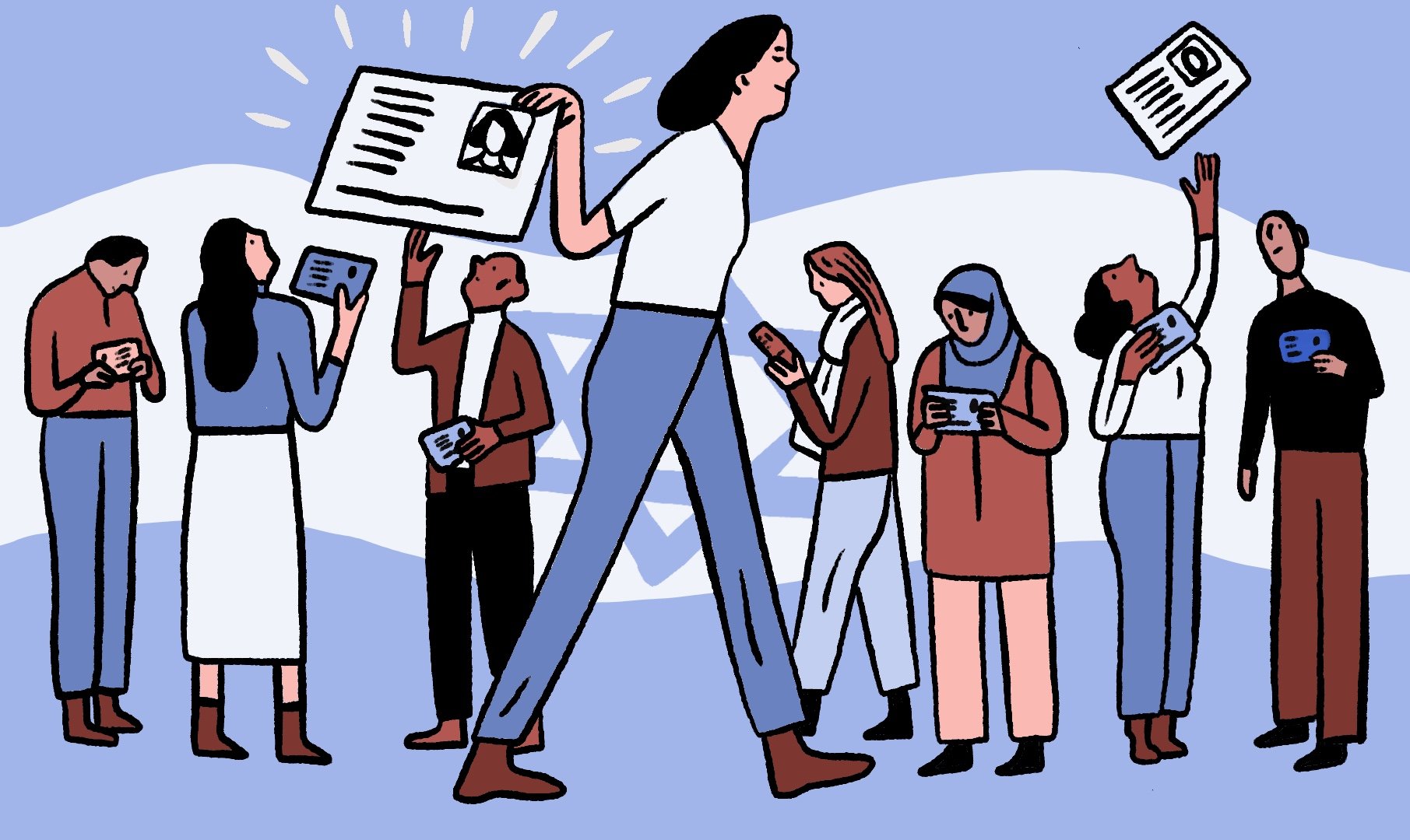 La imagen muestra a un grupo de personas en un fondo de color azul claro. En el centro, hay una mujer alta que sostiene un cartel con una imagen. A su alrededor, varias personas están interactuando con dispositivos móviles y documentos. Algunas parecen estar compartiendo información, mientras que otras levantan las manos, posiblemente para llamar la atención o participar. La escena transmite un ambiente de comunicación y actividad colectiva.