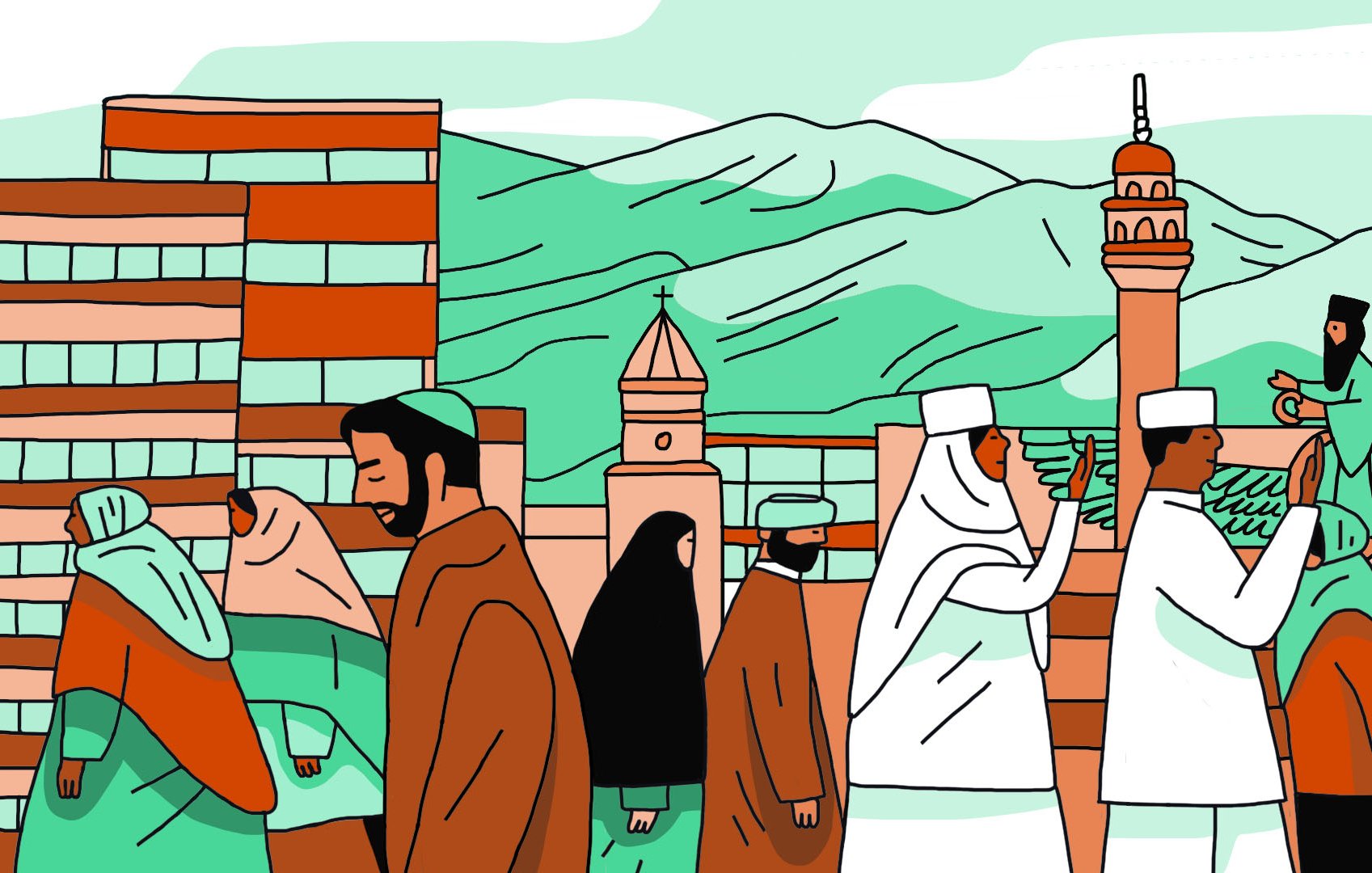 L'image représente une scène urbaine animée avec des personnes de différentes cultures et traditions. On peut voir des gens marchant en direction opposée, vêtus de manière variée, ce qui suggère une diversité culturelle. À l'arrière-plan, on aperçoit des montagnes et des bâtiments, ainsi qu'une mosquée avec un minaret, une église et d'autres structures architecturales. Les couleurs utilisées sont douces et principalement en nuances de vert, orange et beige, créant une atmosphère chaleureuse et accueillante. Cette illustration évoque le mélange harmonieux de différentes cultures et symboles religieux.