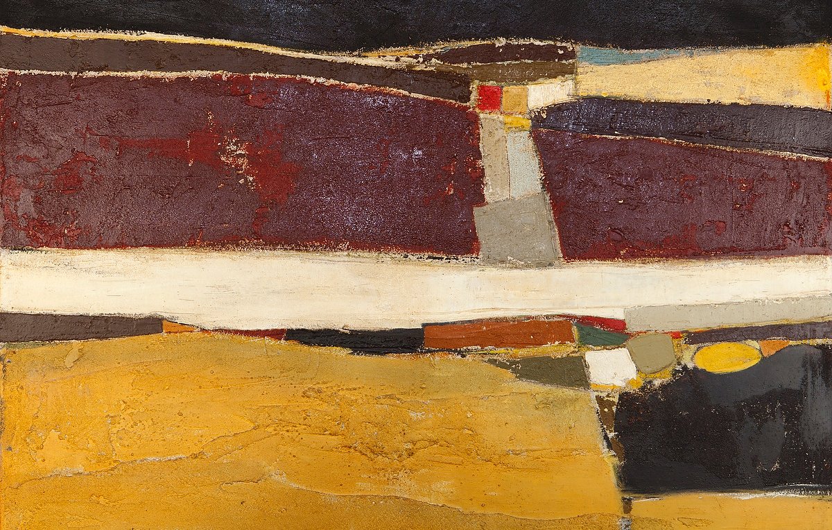 L'image représente une œuvre d'art abstraite. Elle est composée de différentes textures et couleurs, notamment des tons de rouge, de jaune, de noir et de blanc. Les formes semblent évoquer des paysages, avec des lignes horizontales et verticales qui créent une composition dynamique. Les couches de peinture ajoutent de la profondeur, donnant une impression de mouvement et de richesse visuelle. L'ensemble transmet une atmosphère à la fois calme et expressive.