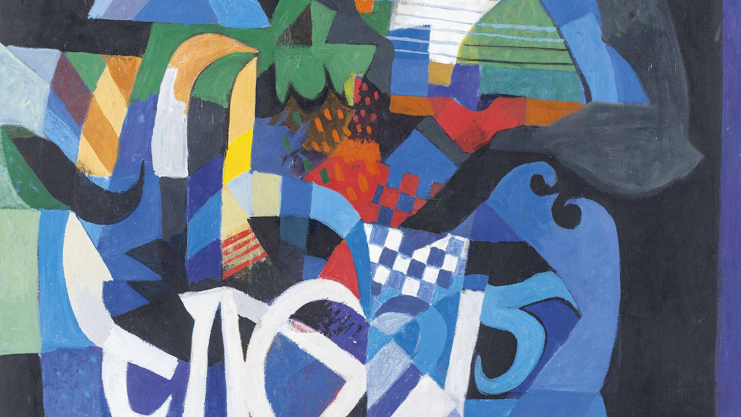 L'image est une œuvre d'art abstraite qui utilise une palette de couleurs vives, notamment des bleus, des verts, des rouges et des blancs. Les formes géométriques et organiques se mêlent, créant une composition dynamique et expressive. On peut discerner des motifs enchevêtrés qui semblent évoquer une certaine fluidité, tandis que des lettres blanches apparaissent au centre, ajoutant une dimension graphique à l'ensemble. Le fond sombre accentue les couleurs éclatantes des formes, donnant une impression de profondeur. Dans l'ensemble, l'œuvre évoque une belle harmonie entre abstraction et symbolisme.