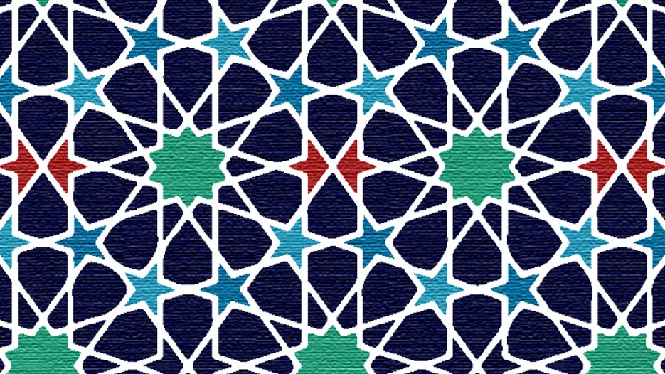 L'image présente un motif géométrique complexe, caractérisé par des formes étoilées et des motifs entrelacés. Les couleurs prédominantes incluent le bleu, le vert, le rouge et le blanc, sur un fond sombre. Ce type de design évoque souvent des influences islamiques ou orientales, avec une symétrie harmonieuse et des contrastes vifs entre les couleurs, créant un effet visuel riche et dynamique.