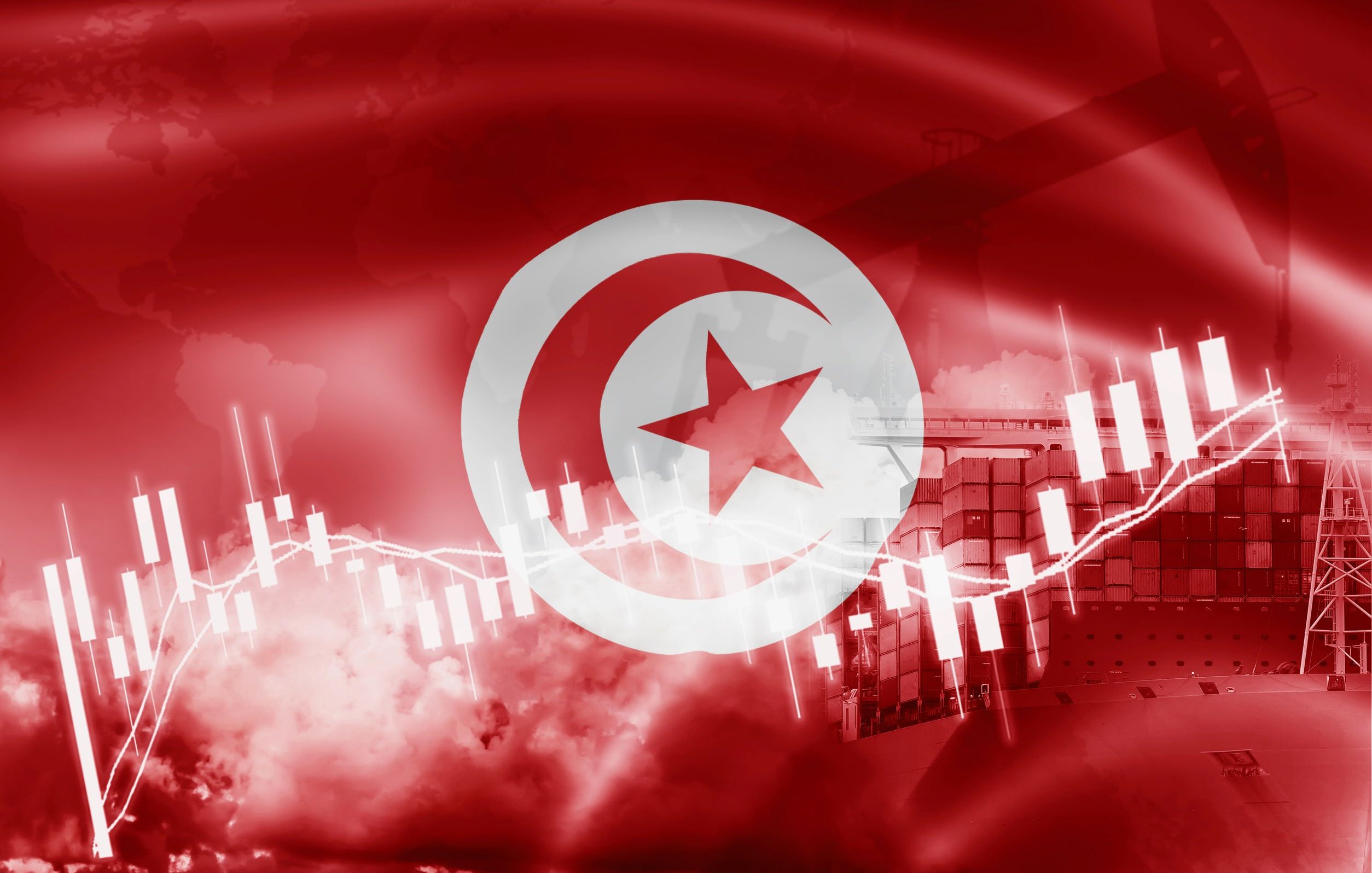 L'immagine presenta uno sfondo rosso, sul quale si trova la bandiera della Tunisia. Al centro è visibile il simbolo di una stella rossa circondata da un cerchio bianco, tipico della bandiera tunisina. In aggiunta, ci sono elementi grafici come grafici a barre e un'immagine stilizzata di una petroliera, che suggeriscono temi legati all'economia e al commercio. L'intera composizione evoca un'atmosfera dinamica e finanziaria.