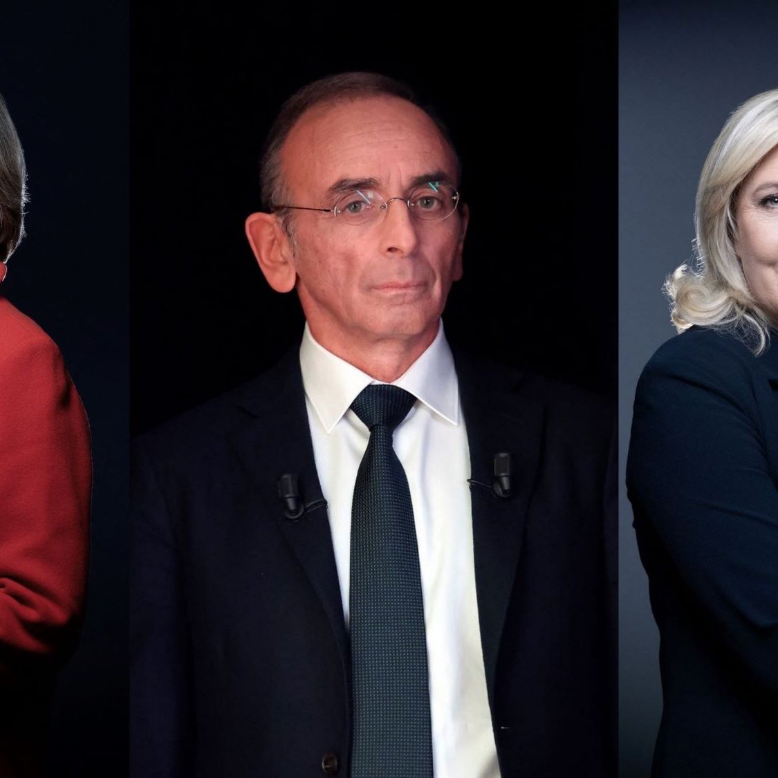 L'image présente trois personnes debout, chacune sur un fond sombre. À gauche, une femme avec des cheveux blonds et une coupe élégante, vêtue d'un manteau rouge, affiche une expression sérieuse. Au centre, un homme aux cheveux courts et lunettes, portant un costume noir et une cravate, semble contemplatif. À droite, une autre femme avec des cheveux blonds, coiffée de manière soignée et habillée en noir, pose avec confiance en pointant légèrement son doigt. L'ensemble dégage une ambiance professionnelle et déterminée.