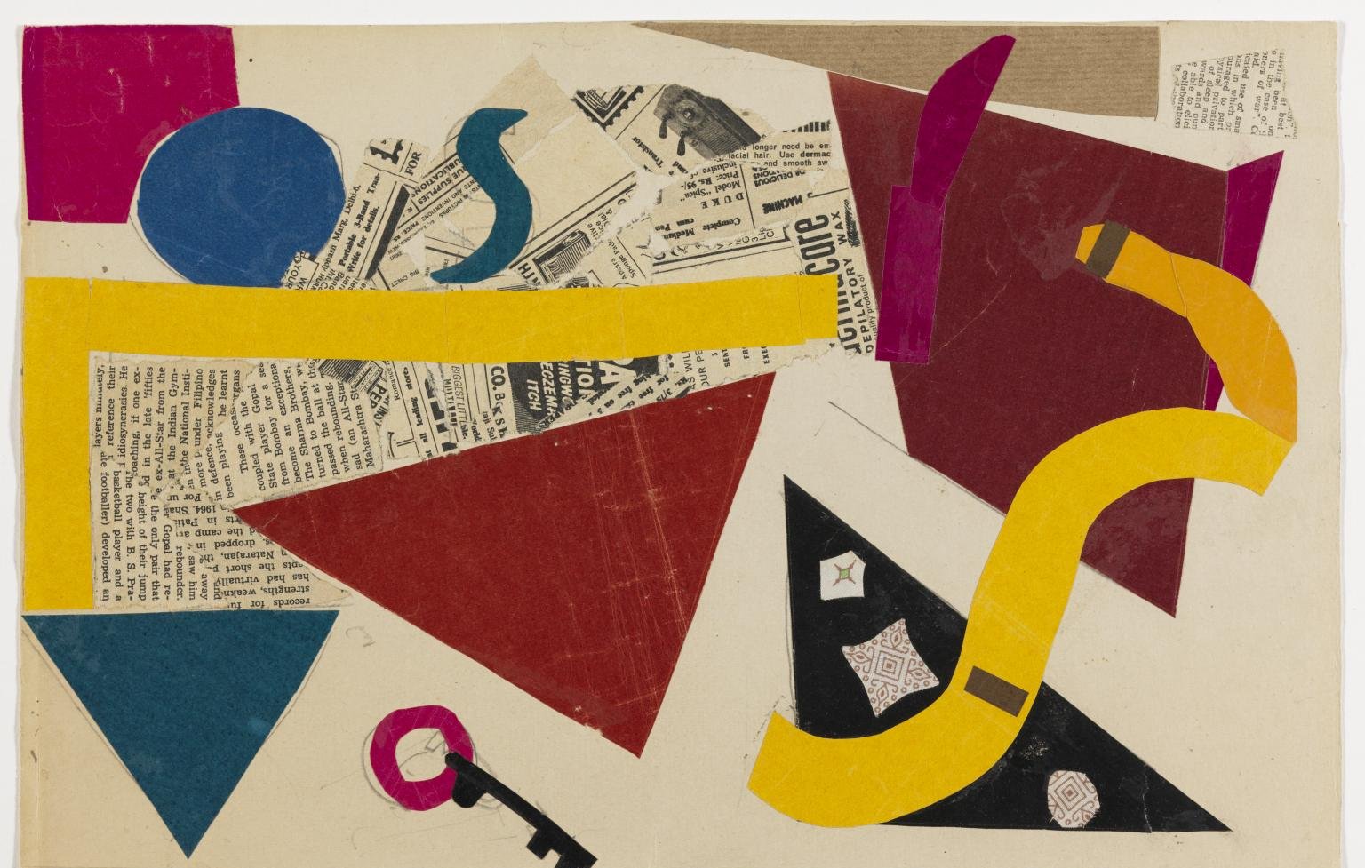 تظهر الصورة تكوينًا مكونًا من أشكال ملونة ومجموعة من العناصر المختلفة. يوجد فيها تدرجات من الألوان مثل الأصفر والأحمر والأزرق، مع خلفية تحتوي على قصاصات من الجرائد. الأشكال متنوعة وتبدو عشوائية، مما يخلق تأثيرًا تعبيريًا ومثيرًا للانتباه. تتداخل الأشكال والخطوط لتكوين تصميم تجريدي قد يثير خيال المشاهد.