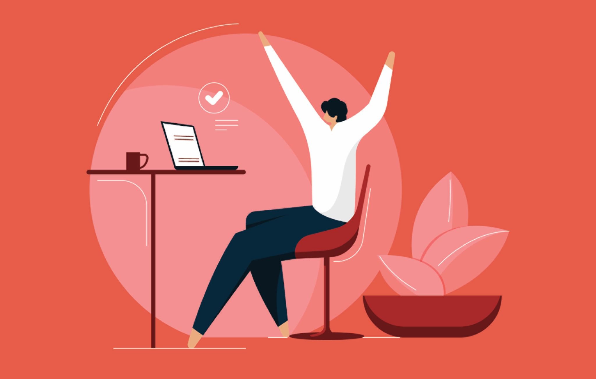 L'image représente une personne assise sur une chaise, les bras levés dans une posture de satisfaction ou de victoire. Elle se trouve devant un bureau où est posé un ordinateur portable et une tasse. En arrière-plan, on peut voir une plante dans un pot, ajoutant une touche de verdure à la scène. L'ensemble est présenté sur un fond de couleur rouge, créant une ambiance dynamique et positive.