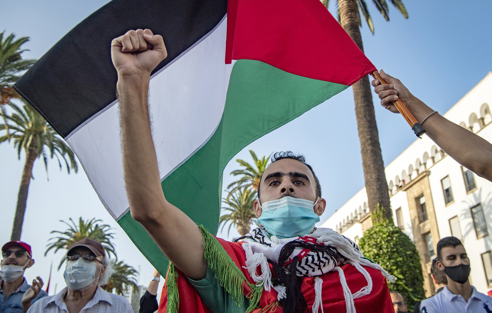 L'image montre une manifestation où un homme brandit fièrement un drapeau palestinien. Il porte un masque et est entouré de palmiers, ce qui indique un environnement ensoleillé. Son expression montre une détermination forte, et il semble engagé dans une cause importante. D'autres personnes sont présentes dans le fond, ajoutant au contexte collectif de la protestation.