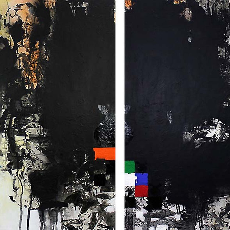 Peinture abstraite en noir, blanc et touches de couleur, évoquant un contraste puissant.