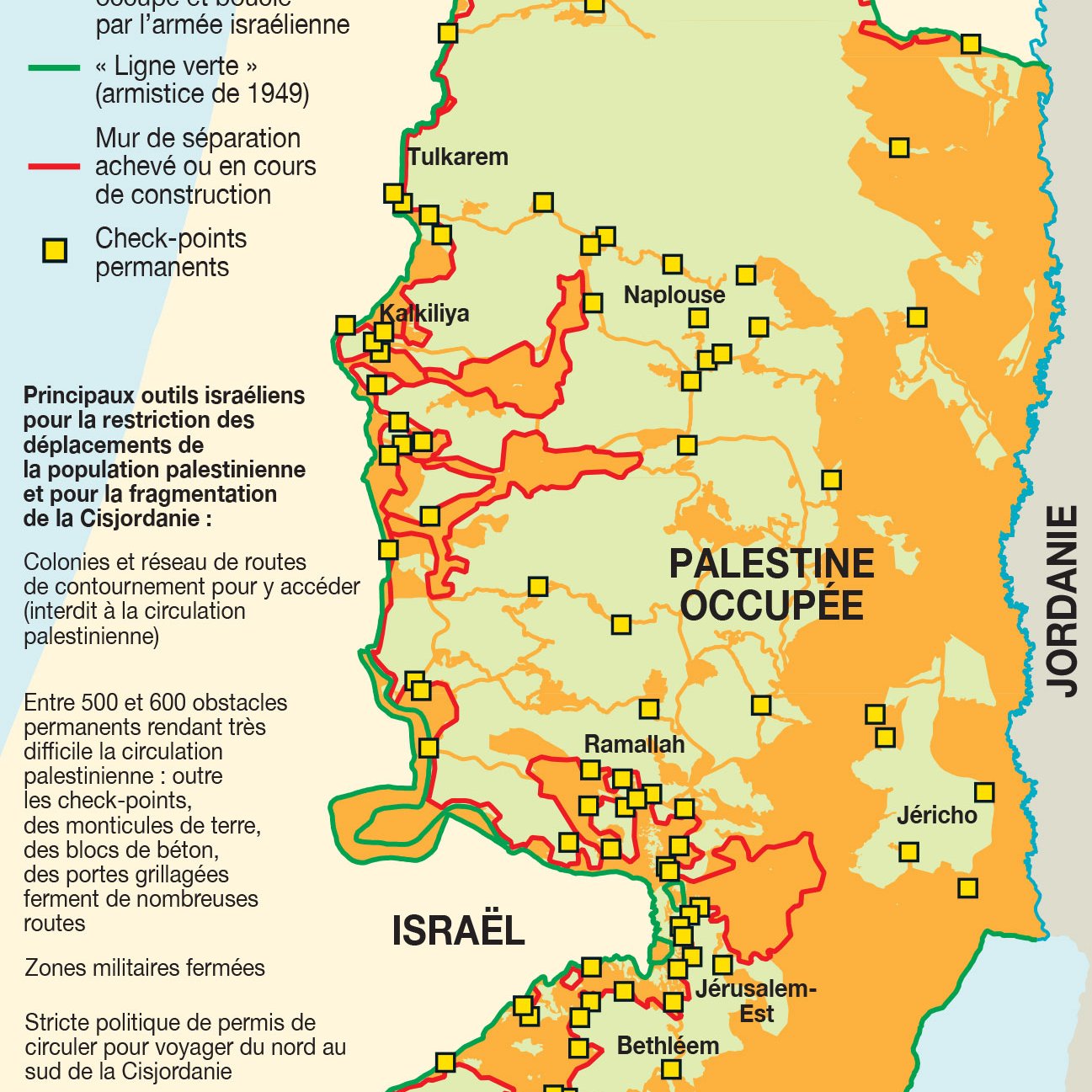 L'image est une carte de la région de la Palestine occupée, montrant les territoires pratiquement inaccessibles pour les Palestiniens ainsi que les limites définies par l'armée israélienne. On y trouve des lignes représentant la "ligne verte" (établie en 1949) et différentes zones de construction, ainsi que des points de contrôle. La carte souligne également les principaux outils israéliens relatifs à la restriction de la population palestinienne. Les frontières sont délimitées en rouge, indiquant les différentes zones d'accès et de restriction.