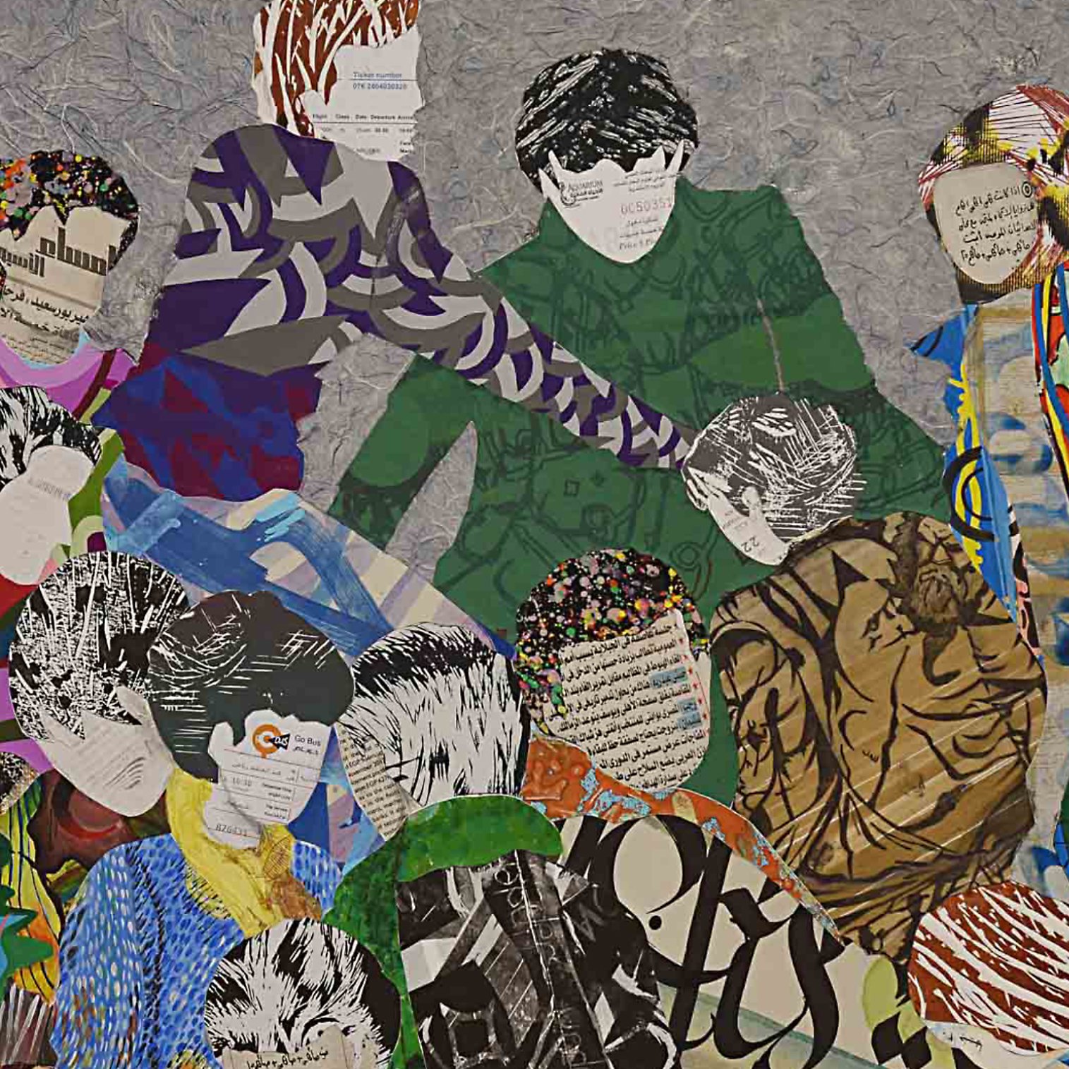 Une mosaïque colorée de figures humaines sans visages, avec des motifs variés.