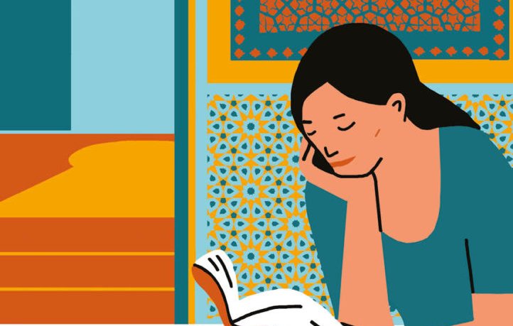 L'image est une affiche pour un événement intitulé "Maghreb-Orient des livres". Elle se déroule à l'Hôtel de Ville de Paris du 8 au 10 février 2019 avec une entrée libre. On voit une illustration d'une femme assise qui lit, entourée de motifs architecturaux typiques du Maghreb. Le design est coloré et attire l'attention sur la thématique littéraire de l'événement.