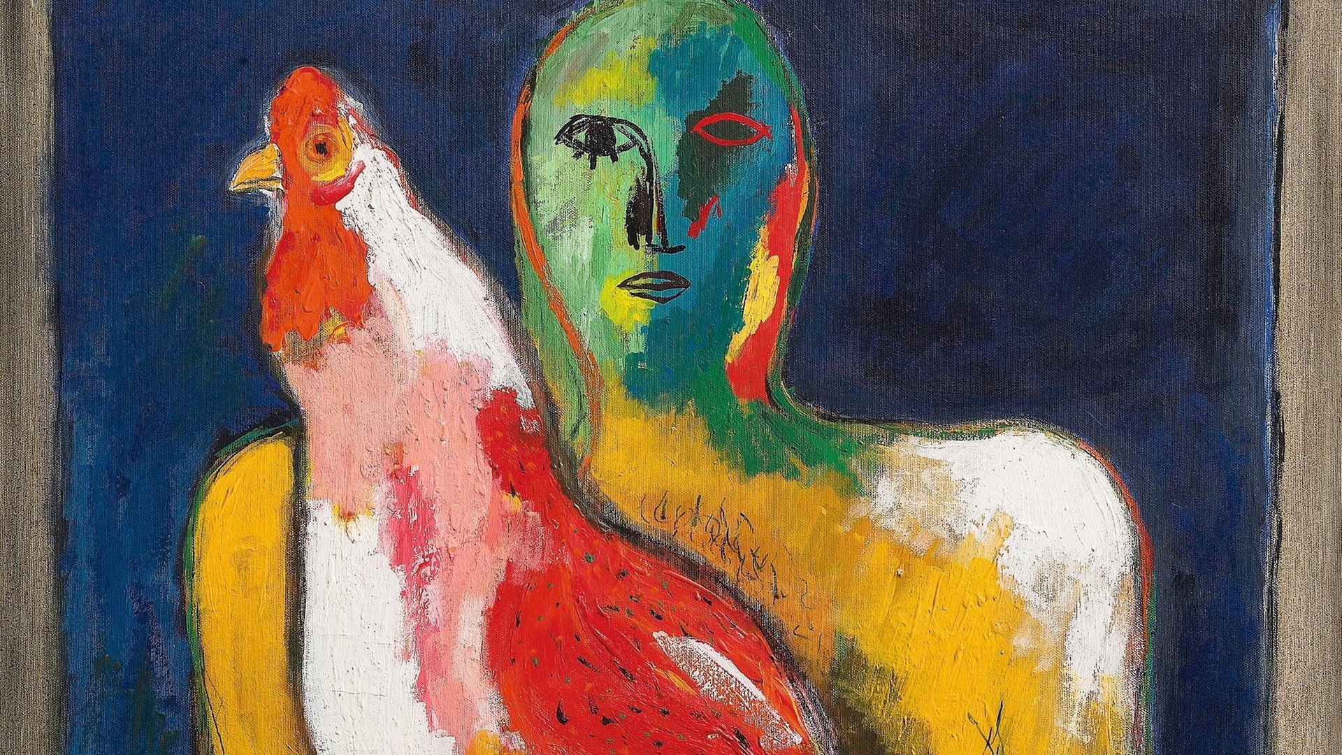 L'image représente une peinture expressionniste. On y voit une figure humaine qui a une peau de couleur verte, avec un visage stylisé et abstrait. Cette personne tient un coq aux plumes vives, principalement rouge, avec une queue colorée et élancée. Les couleurs sont intenses, avec un fond sombre qui fait ressortir les teintes éclatantes de la figure humaine et de l'oiseau. L'ensemble dégage une atmosphère à la fois intrigante et surréaliste.