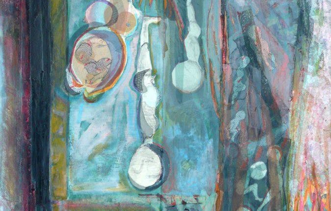 L'image représente une composition abstraite riche en couleurs et en formes. On y voit des cercles et des formes allongées qui semblent flotter sur un fond de nuances de bleu et de vert. Des traits dynamiques et des textures diverses ajoutent de la profondeur et de l'énergie à l'ensemble. Les éléments s'entrelacent de manière harmonieuse, créant une sensation de mouvement et de fluidité. Cette œuvre invite à l'interprétation, évoquant des thèmes de rêve et de créativité.