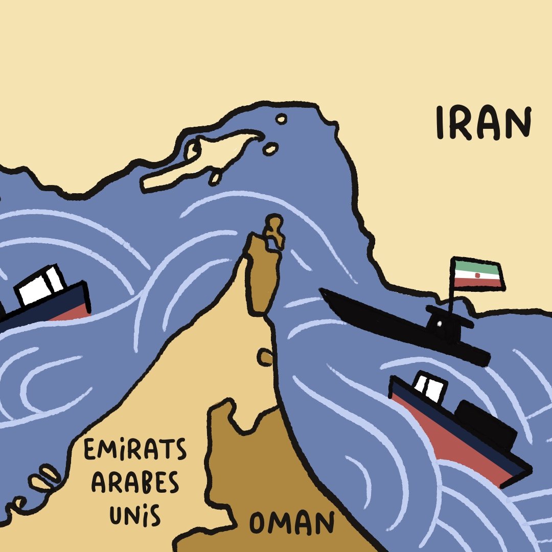 Carte simple montrant des bateaux dans des vagues près de l'Iran, Émirats Arabes Unis et Oman.