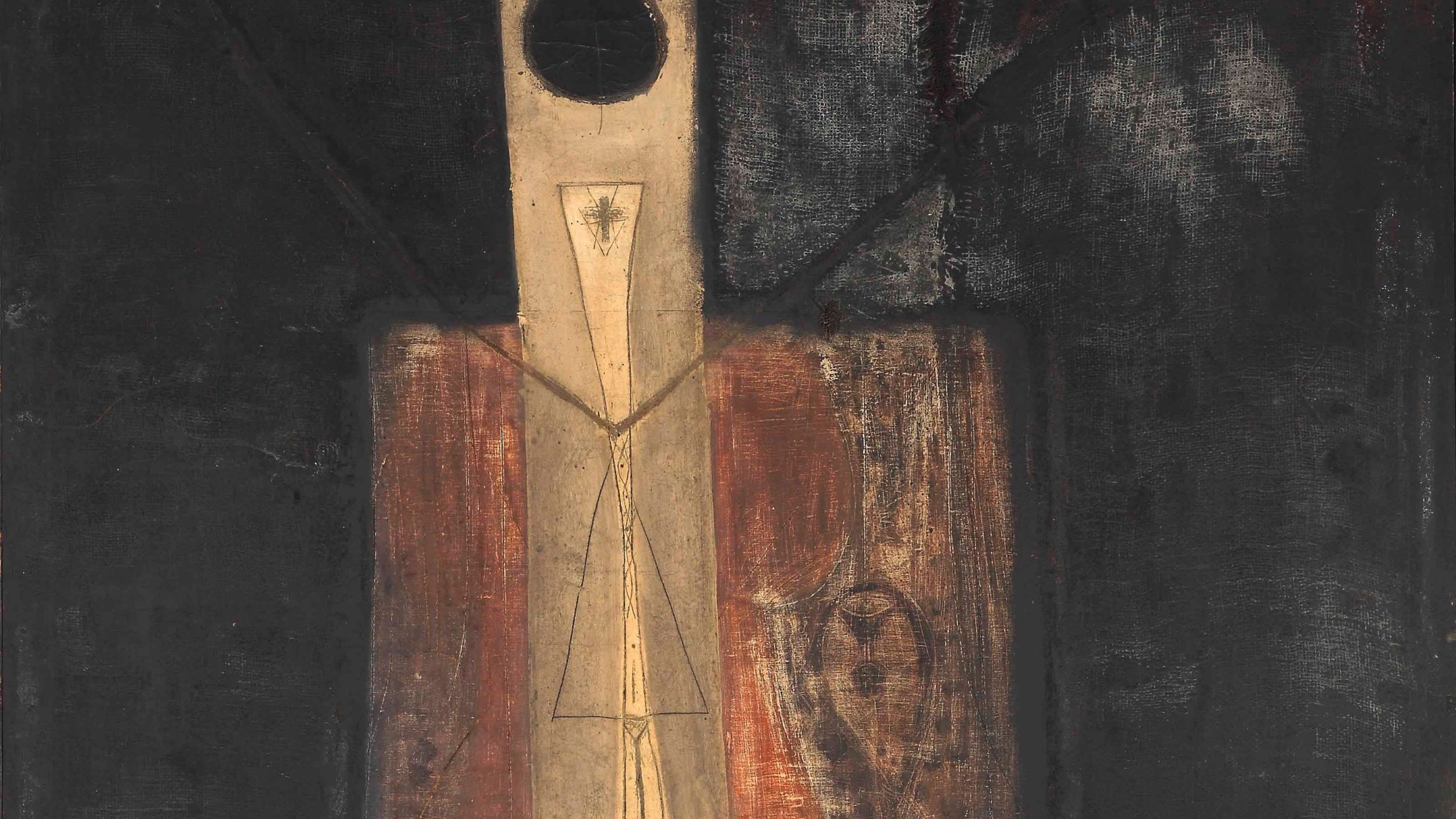 L'image représente une œuvre d'art abstraite, dominée par des tons sombres avec des touches de couleurs terreuses. Au centre, une forme allongée de couleur claire se détache, évoquant peut-être une figure humaine stylisée. Sur le fond, des motifs suggestifs et des textures variées se mélangent, créant un contraste intéressant avec la figure centrale. Un cercle noir en haut de l'œuvre pourrait symboliser un astre ou une source de lumière, ajoutant une dimension mystique à l'ensemble. Cette composition laisse place à l'interprétation et à l'émotion, caractéristique de l'art abstrait.