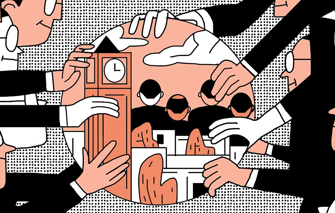 The image features a stylized illustration of several hands reaching towards a central circular scene. In this scene, there's a prominent clock tower, reminiscent of Big Ben, along with abstract representations of people and buildings. The overall color palette includes shades of peach, black, and white, giving it a clean and modern look. The hands are depicted in various positions, suggesting collaboration or a collective effort surrounding the central image. The background features a dotted pattern, adding texture to the composition.