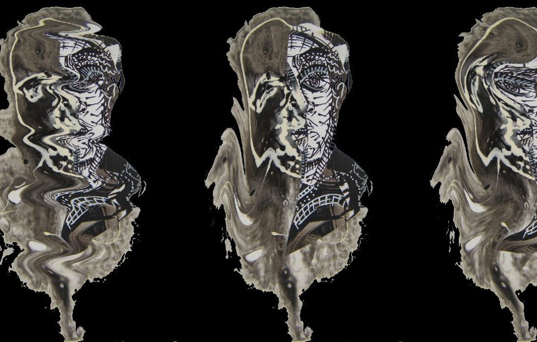 الصورة تمثل ثلاثة أشكال مشوهة لرأس إنسان، حيث تظهر كل صورة بملامح مموهة وبتأثيرات متموجة. الرموز والخطوط على الوجوه تضيف تباينًا وجمالية تعبيرية، بينما الخلفية سوداء مما يبرز الأشكال بشكل واضح. تعكس الصورة أجواء من الغموض والتعقيد.