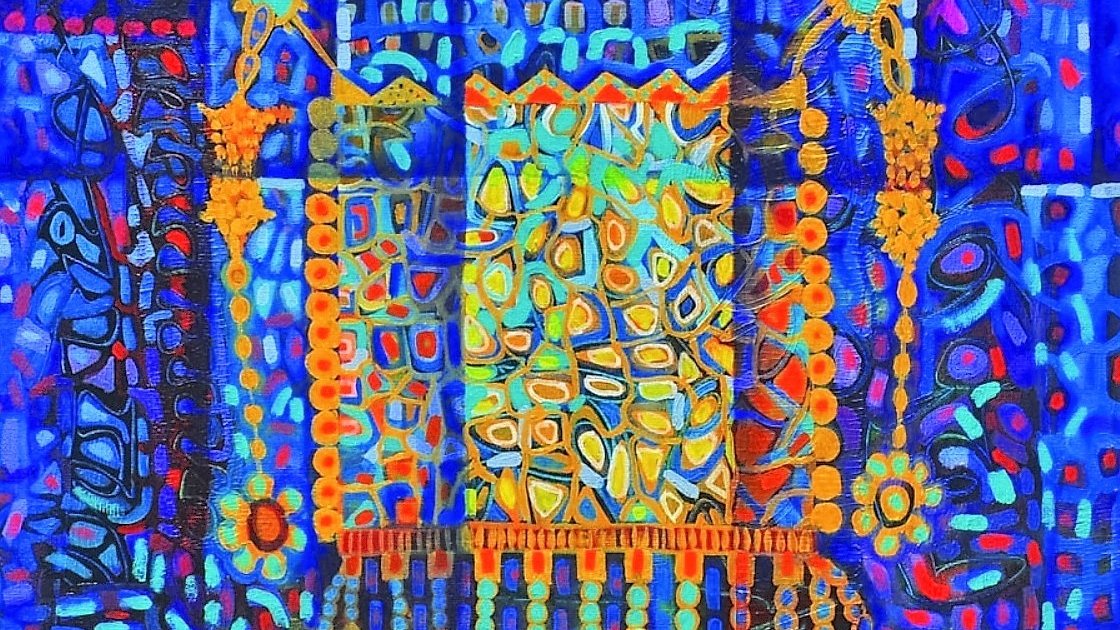 L'image présente une composition vibrante et colorée, dominée par des teintes de bleu. On peut y voir des motifs géométriques et abstraits, avec des éclats de couleurs vives comme l'orange et le jaune. Des formes curvilignes et linéaires se mêlent, créant un effet dynamique. Les éléments semblent s'organiser autour d'un mouvement central, évoquant peut-être une scène stylisée ou un paysage imaginatif. L'ensemble dégage une atmosphère énergique et captivante.