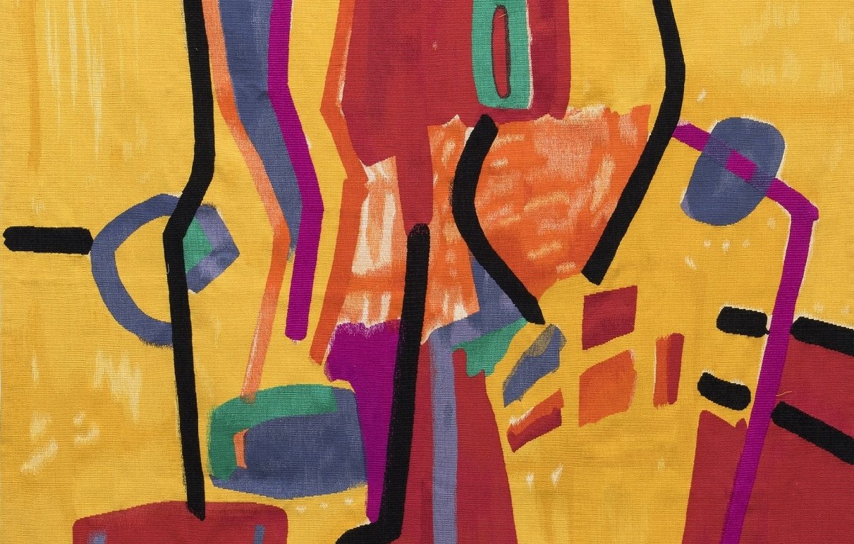 L'image présente une composition abstraite comprenant des formes géométriques colorées sur un fond jaune. On peut voir des lignes noires qui structurent l'œuvre et diverses taches de couleur, notamment des teintes de rouge, bleu, vert et violet. Les formes semblent s'entrelacer de manière dynamique, créant un sentiment de mouvement et de rythme. Le contraste entre les couleurs vives et le fond lumineux attire l'œil et invite à l'interprétation personnelle.