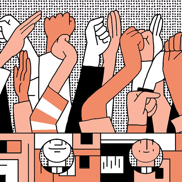 The image features a vibrant and stylized illustration of raised fists in various colors and patterns, symbolizing solidarity and protest. The hands are shown in a variety of positions, suggesting movement and activism. In the background, there are geometric shapes and patterns that create a dynamic and energetic atmosphere, enhancing the theme of empowerment and collective action. The overall tone is bold and illustrative, highlighting themes of unity and strength among individuals.