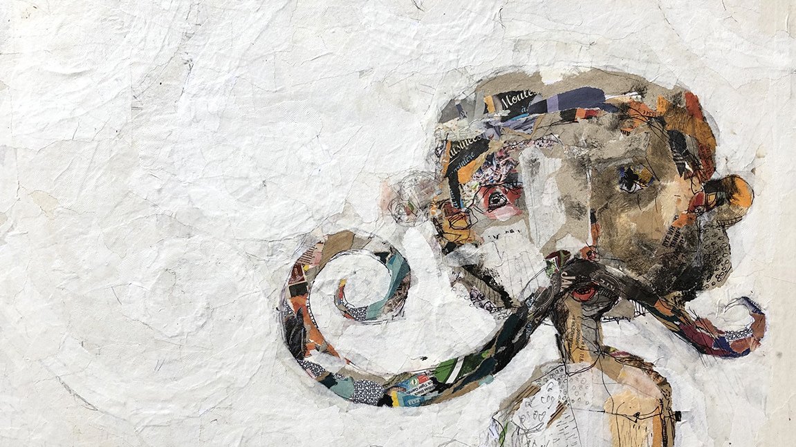 L'image représente un personnage stylisé avec des traits exagérés, notamment une grande moustache enroulée. Le fond est texturé et de couleur claire, tandis que le personnage est formé de collages et de couleurs variées, donnant une impression artistique et moderne. Les yeux et les autres détails du visage sont simplifiés, mais ajoutent une certaine expressivité à l'ensemble de l'œuvre.