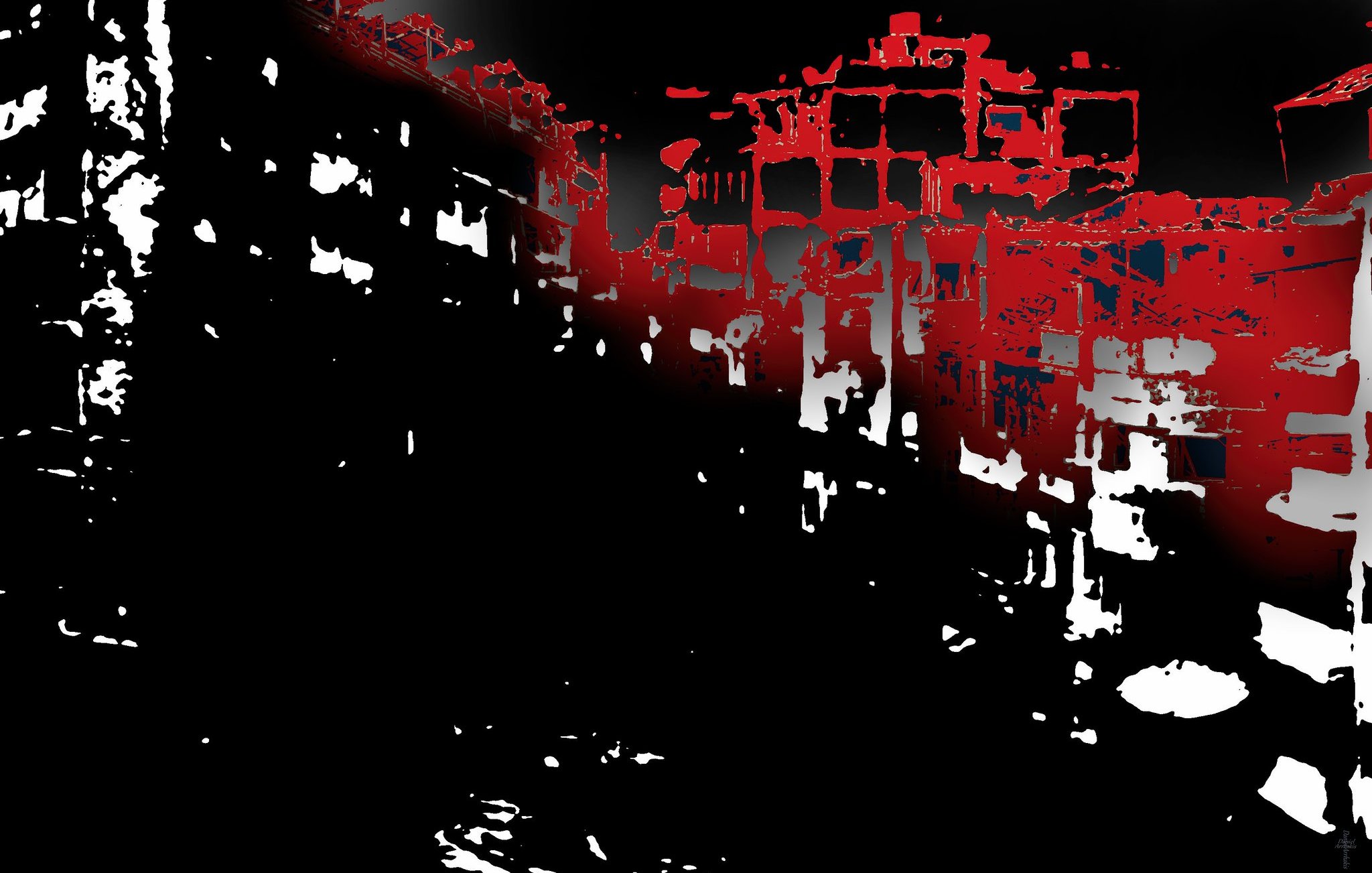 L'image présente un paysage urbain stylisé avec des bâtiments dont les contours sont accentués en rouge. Le fond est principalement noir, créant un fort contraste. Cette utilisation des couleurs donne une ambiance dramatique et peut évoquer des thèmes d'intensité ou d'abandon. Les formes des bâtiments semblent déformées, ajoutant une dimension abstraite à la composition.