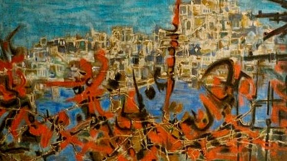 L'image semble être une peinture abstraite avec un mélange de couleurs vives, notamment des rouges, des noirs et des bleus. On peut distinguer des formes dynamiques et des coups de pinceau qui créent un effet mouvementé. À l'arrière-plan, on aperçoit une représentation d'un paysage urbain, probablement une ville, évoquée par des structures que l'on devine à travers les touches de couleur. L'ensemble dégage une ambiance énergique et expressive.