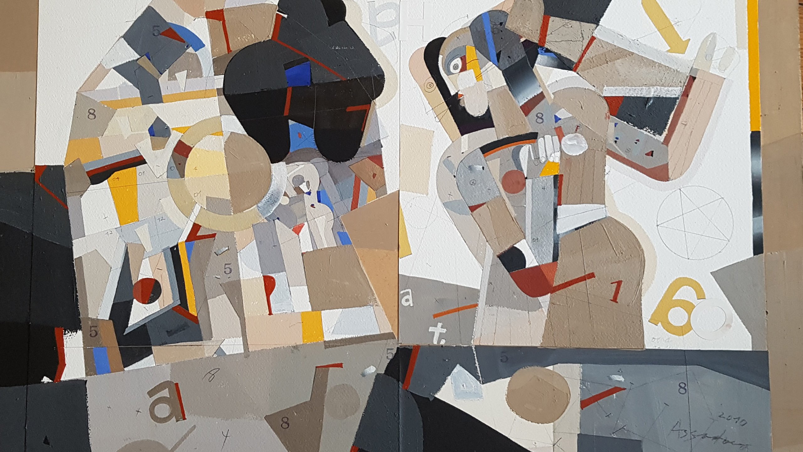 L'image présente une composition abstraite, constituée de formes géométriques et de couleurs variées. On peut distinguer deux figures humaines stylisées, qui semblent se faire face. Les tons dominants incluent des gris, des bruns et des touches de couleurs vives comme le rouge et le jaune. Les figures sont partiellement cachées par des formes et des textures, créant un effet de collage. L'ensemble dégage une sensation de mouvement et d'interaction, intégrant des éléments graphiques comme des chiffres et des lettres.