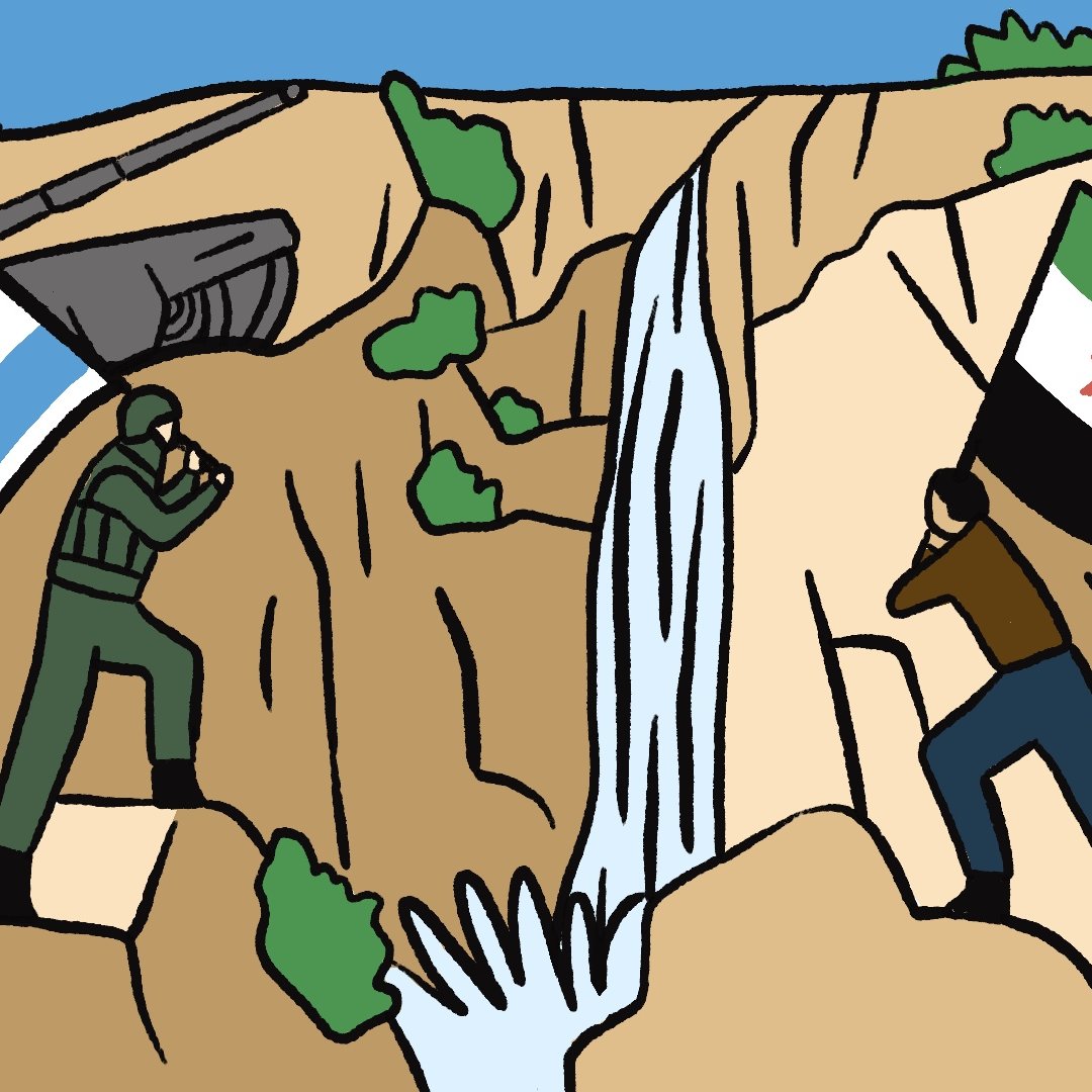 Deux hommes aux drapeaux opposés se font face, près d'une cascade. Un char est en arrière-plan.