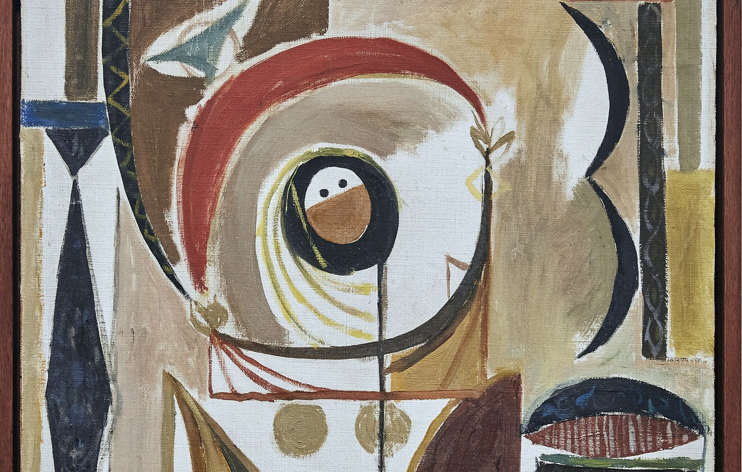 Cette image représente une œuvre d'art abstraite. On peut y voir des formes géométriques aux couleurs terreuses, comme le brun, le beige et le jaune, qui s'entrelacent. La composition semble évoquer des figures stylisées, avec des éléments circulaires et des lignes fluides. L'ensemble crée une atmosphère à la fois dynamique et harmonieuse. Les détails sont simplifiés, ce qui permet au spectateur d'interpréter librement les éléments présents dans le tableau.