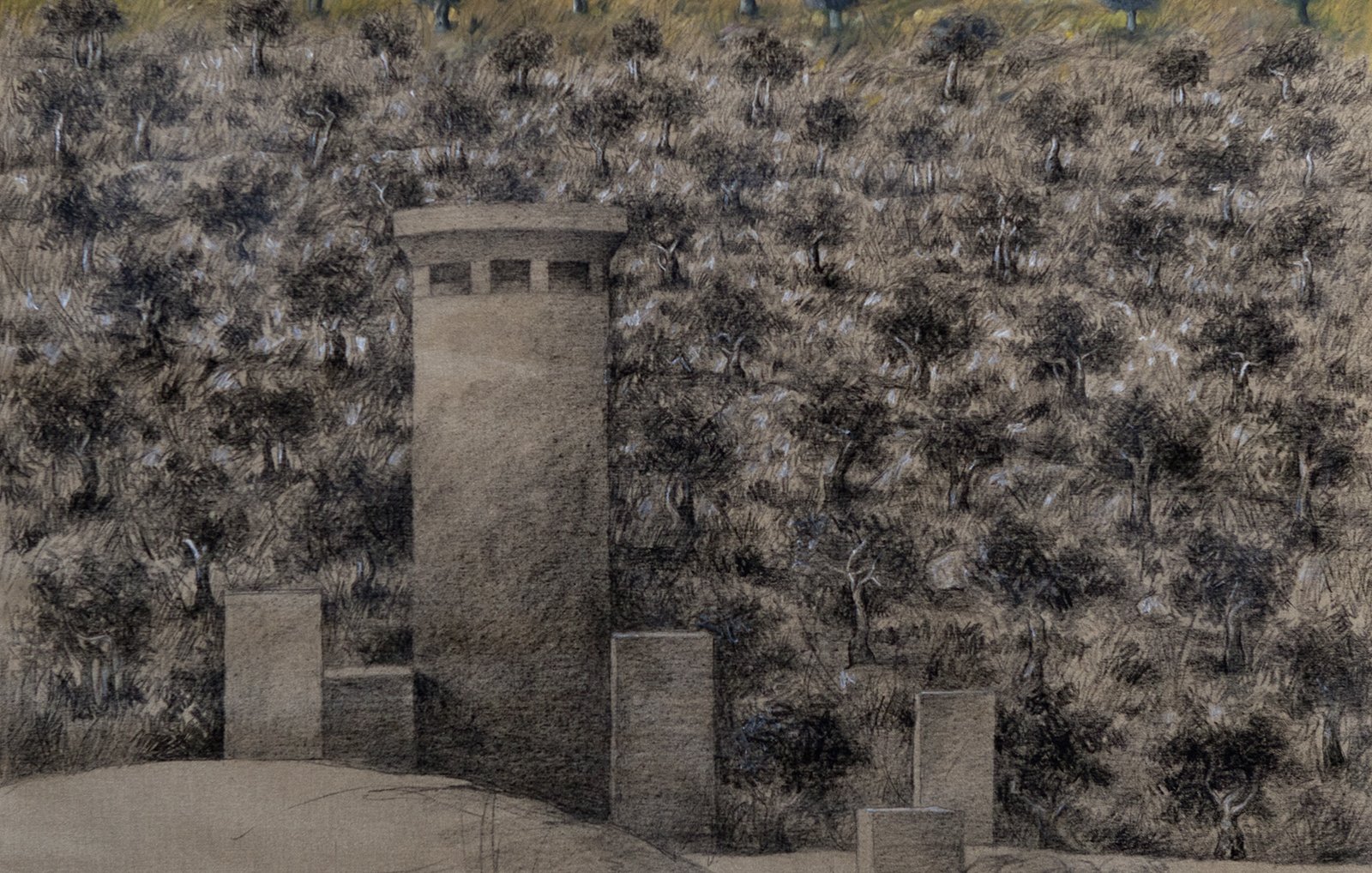 L'image représente un paysage en granit avec un contraste marqué entre une zone sombre et une autre lumineuse. Au premier plan, on voit une tour de pierre grise, entourée de plusieurs colonnes, qui semblent partiellement enfouies dans le sol. À l'arrière-plan, une vaste étendue d'arbres apparaît, dessiné avec des teintes vibrantes de jaune et de vert, créant une sensation de profondeur. L'ensemble évoque une atmosphère de mystère, avec une juxtaposition entre la structure rigide et la nature environnante.