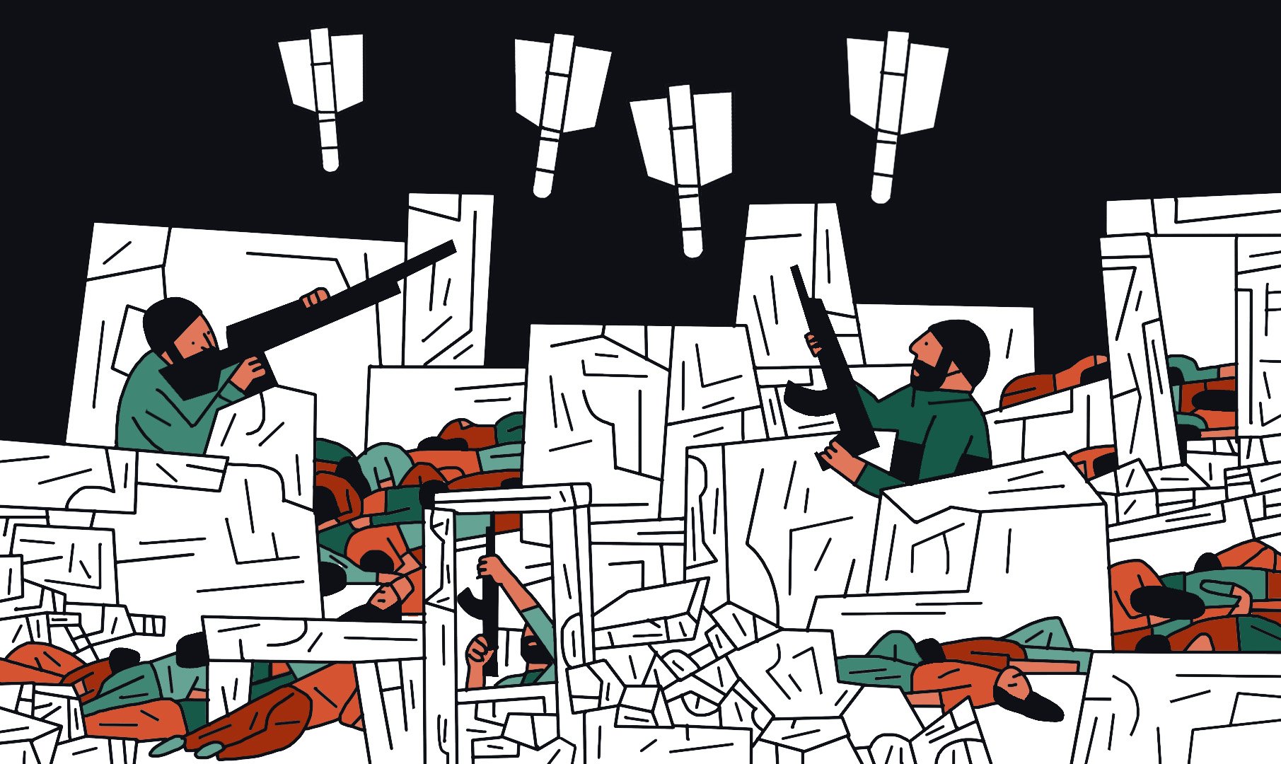 L'image semble représenter une scène chaotique et dramatique avec des personnages qui se battent au milieu de débris. Il y a des silhouettes de soldats armés, ainsi que des corps dispersés, suggérant une situation de conflit intense. Des projectiles ou des objets tombent du ciel, ajoutant à l'atmosphère de tension et de désespoir. L'utilisation de couleurs vives contraste avec l'arrière-plan sombre, accentuant l'urgence de la scène.